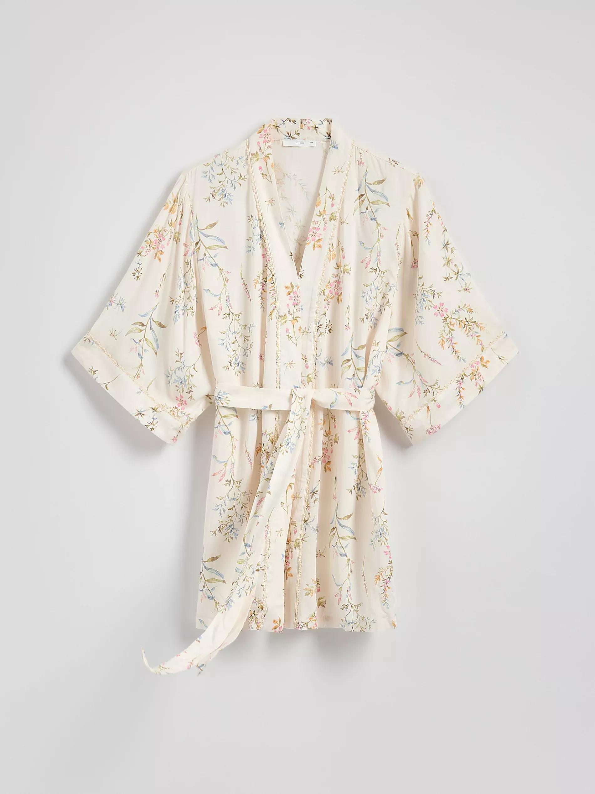 Multicolour Patterned Viscose Bathrobe, Ivory, large image number 3