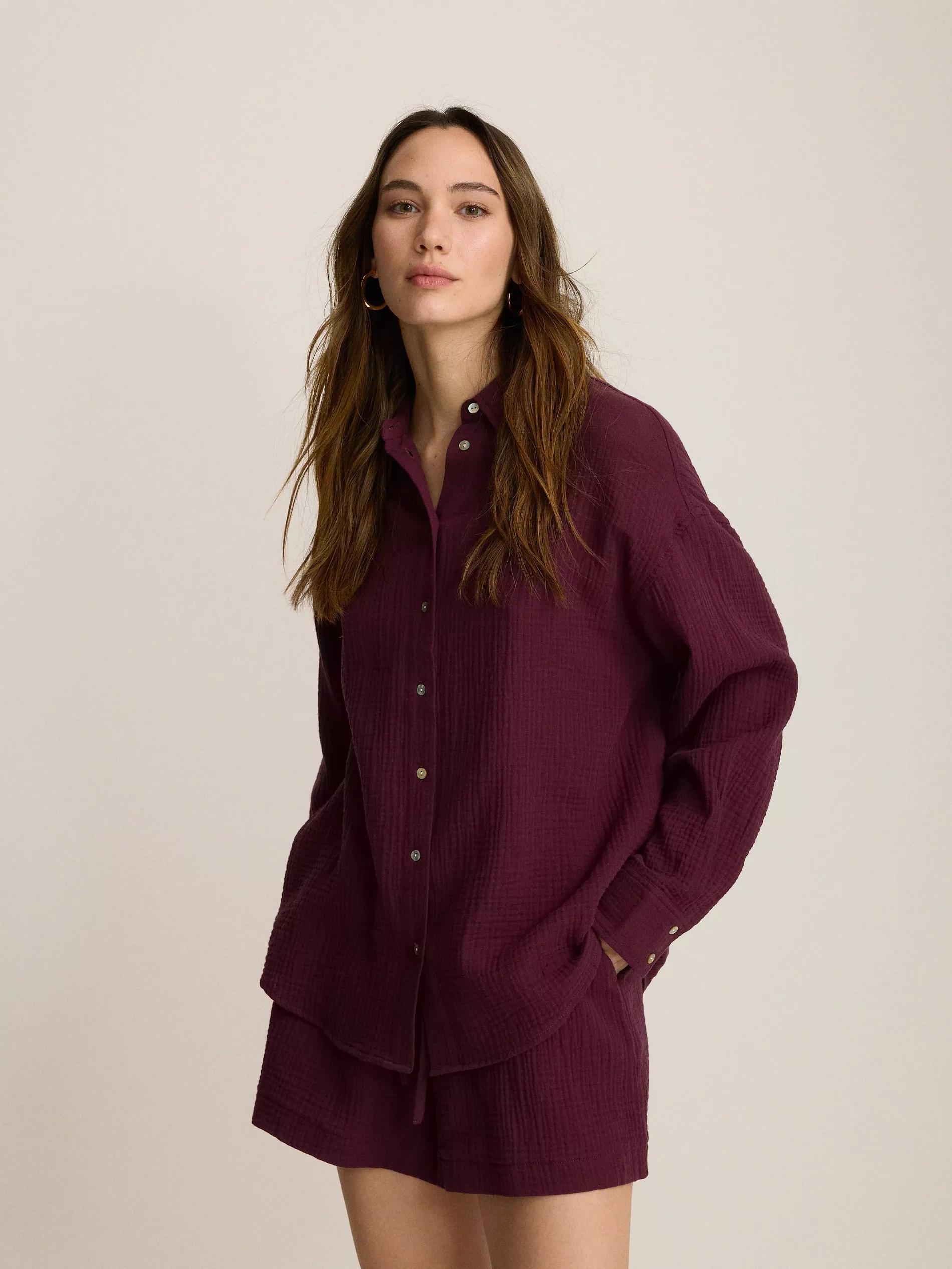 Maroon Oversized Cotton Muslin Shirt, , large image number 1