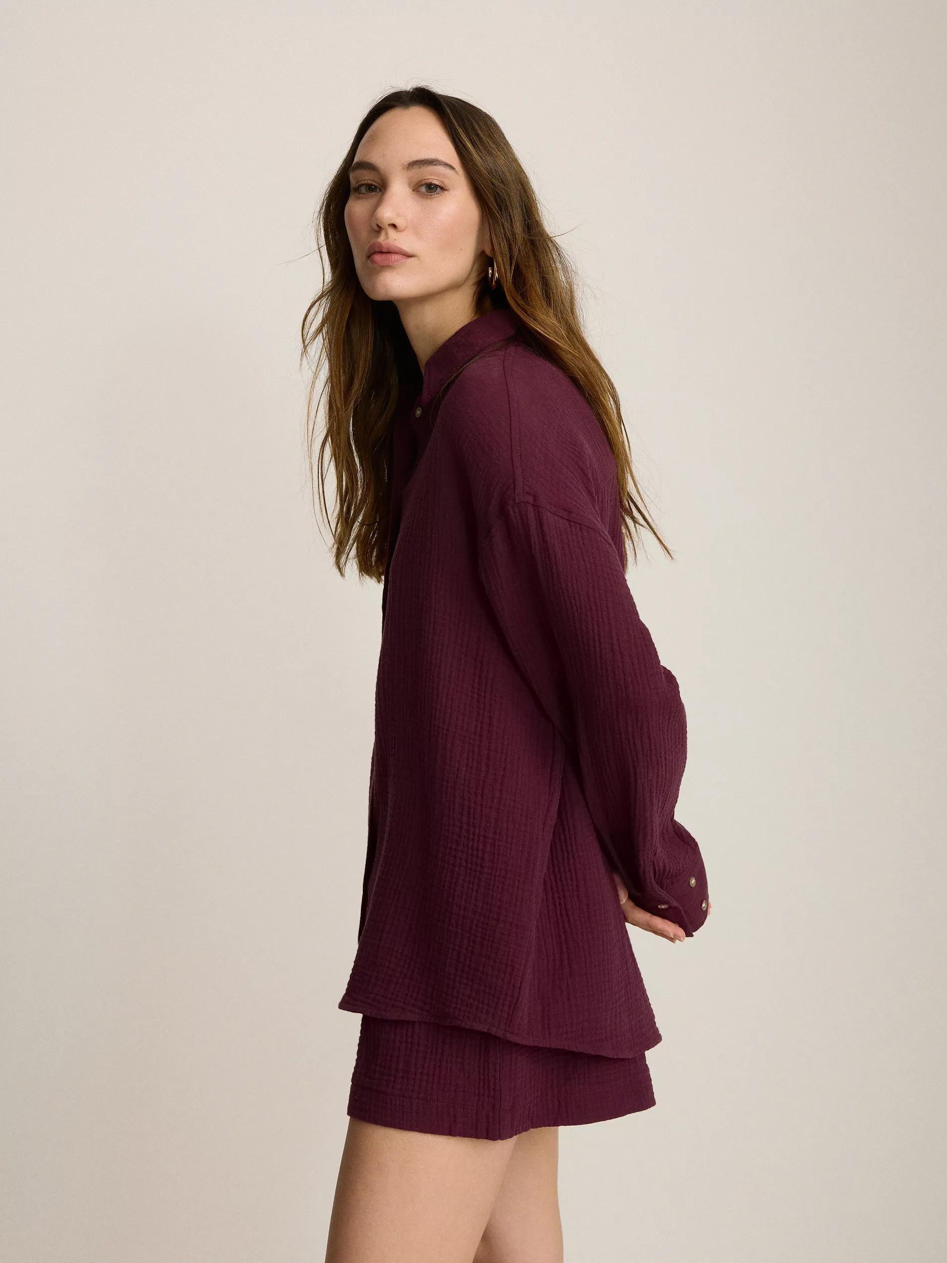 Maroon Oversized Cotton Muslin Shirt, , large image number 2