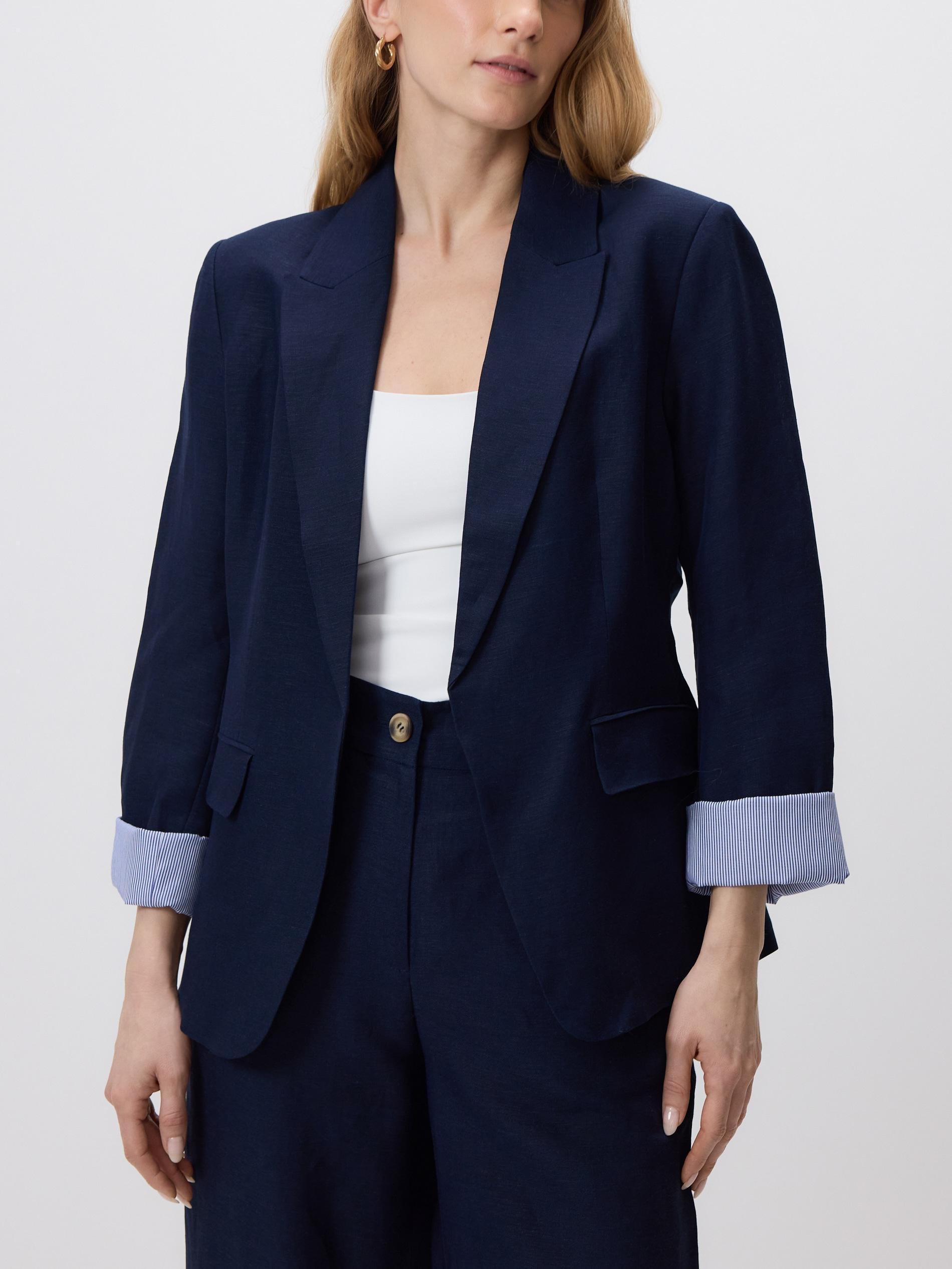 Navy Linen Rich Blazer With Viscose Blend, Navy, large image number 0