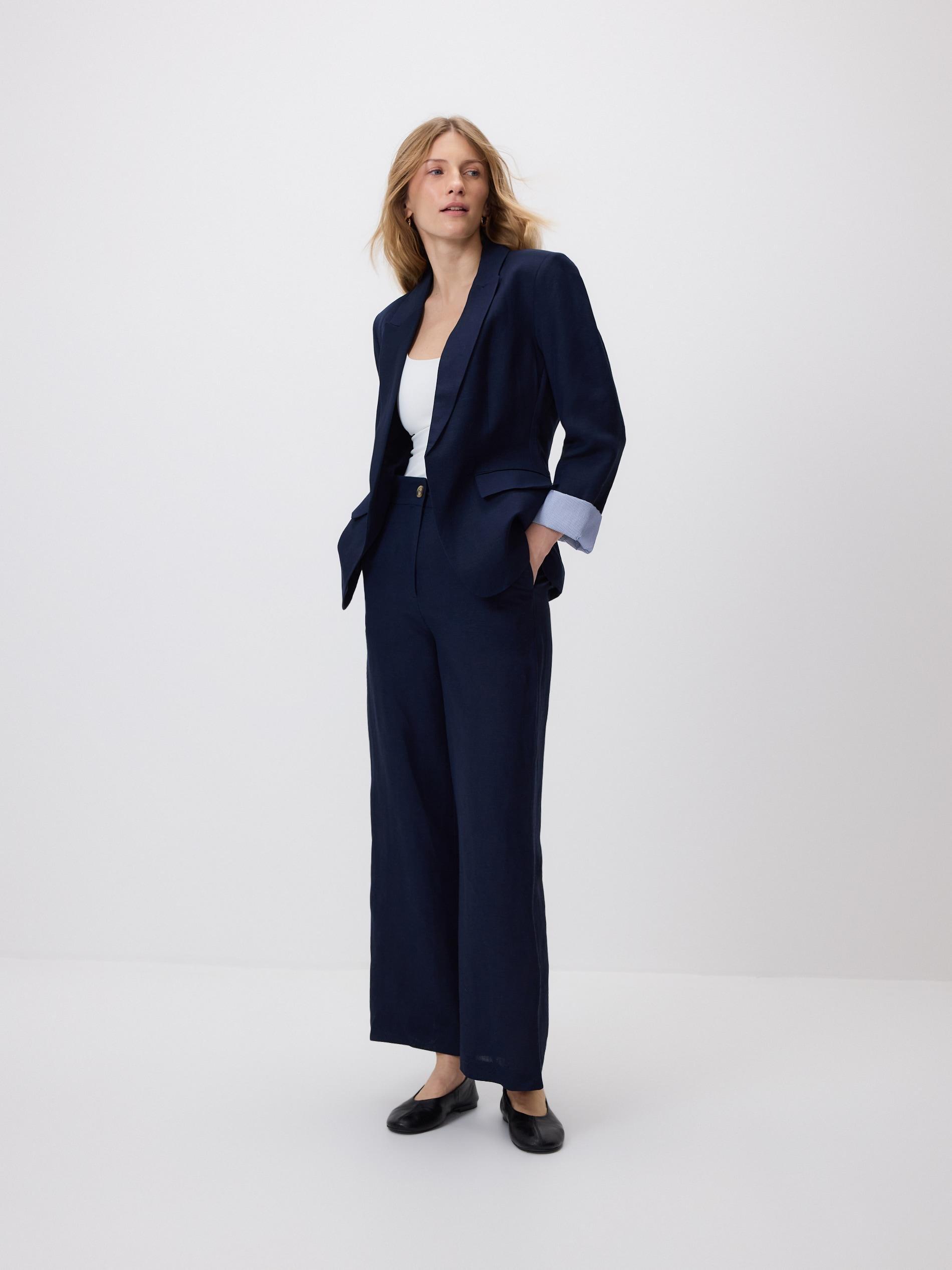 Navy Linen Rich Blazer With Viscose Blend, Navy, large image number 1