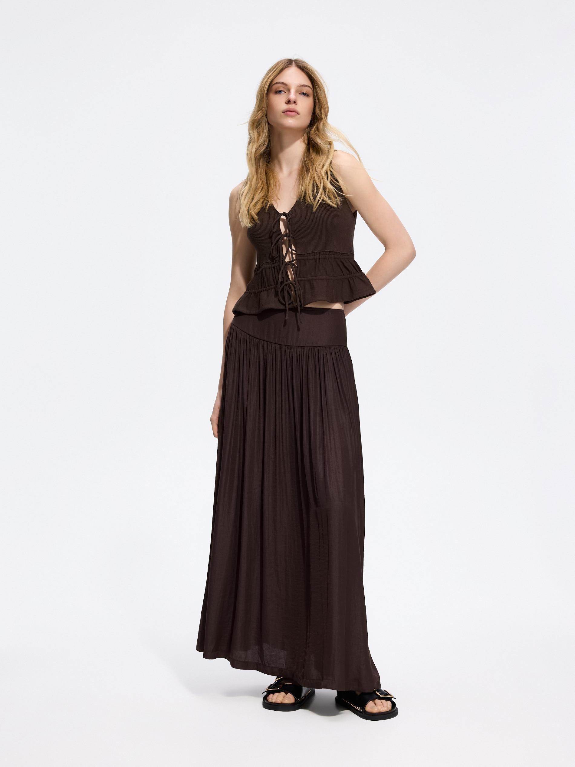 Brown Pleated Midi Skirt, Brown, large image number 0