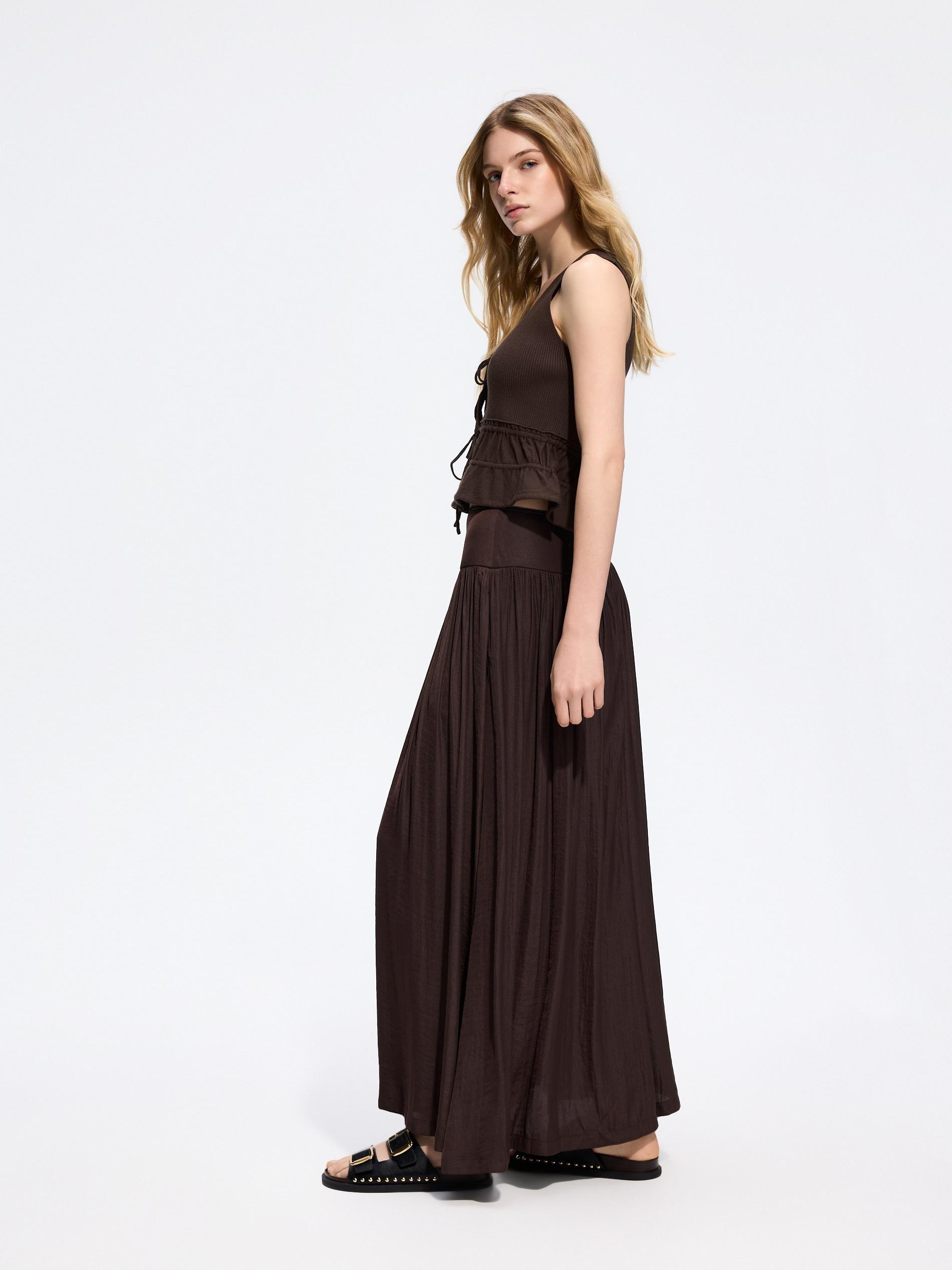 Brown Pleated Midi Skirt, Brown, large image number 1