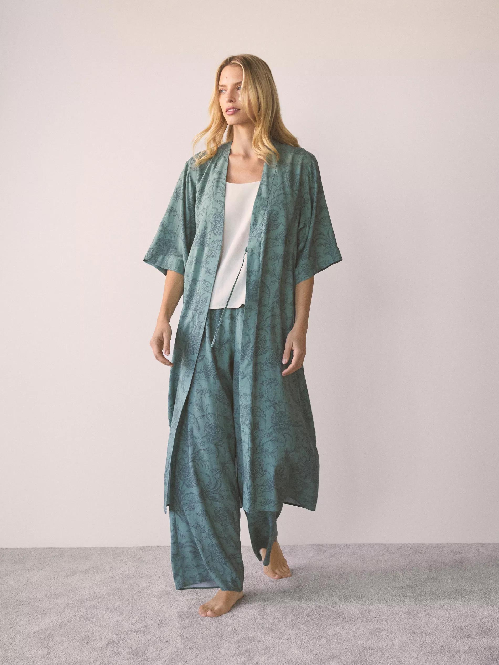 Green Patterned Viscose Dressing Gown, Green, large image number 0