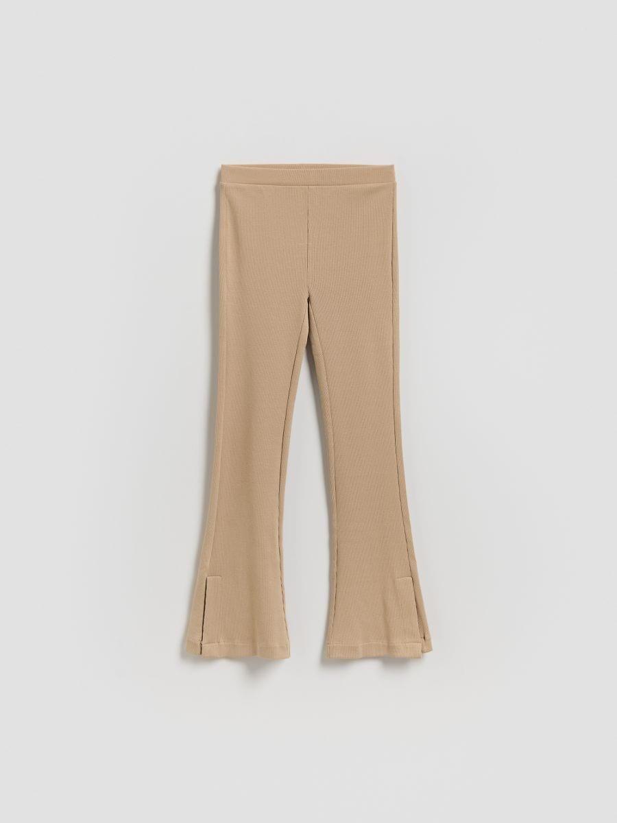 Beige Ribbed Flared Leggings, Beige, large image number 0