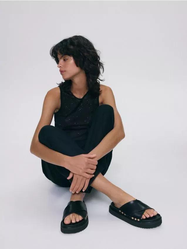 Black Flatform Leather Sliders, , large image number 0