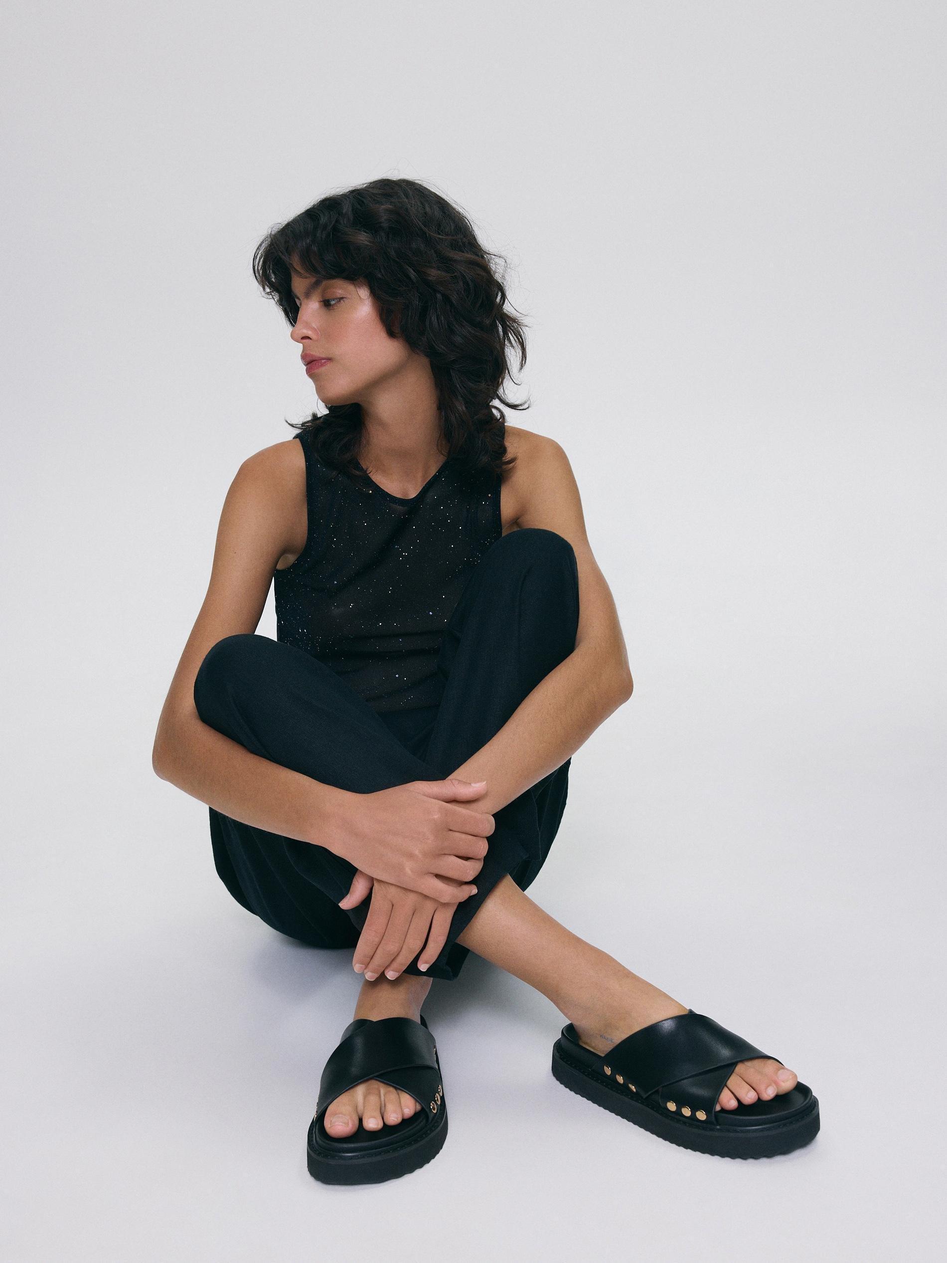 Black Flatform Leather Sliders, , large image number 1