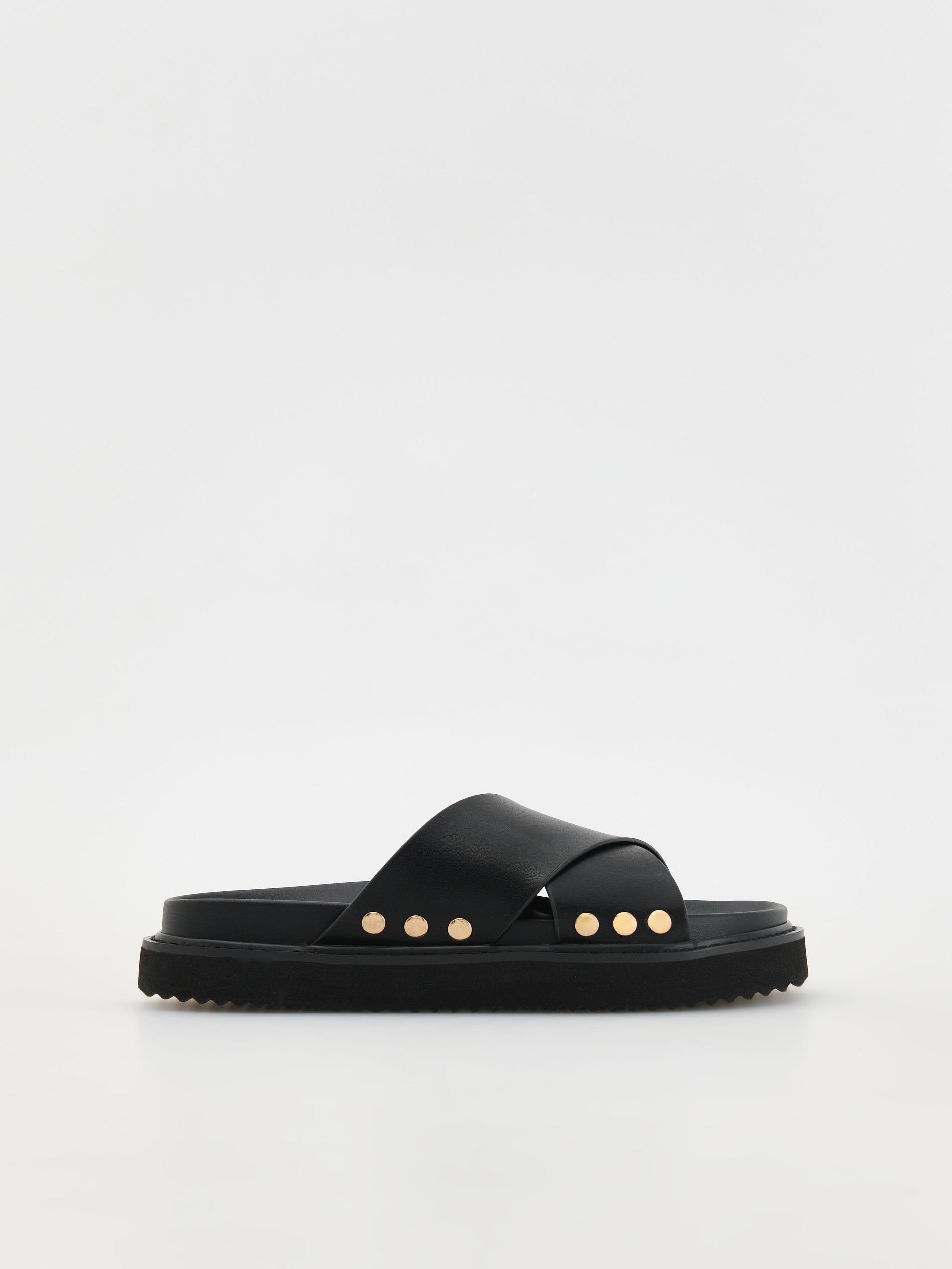 Black Flatform Leather Sliders, , large image number 2