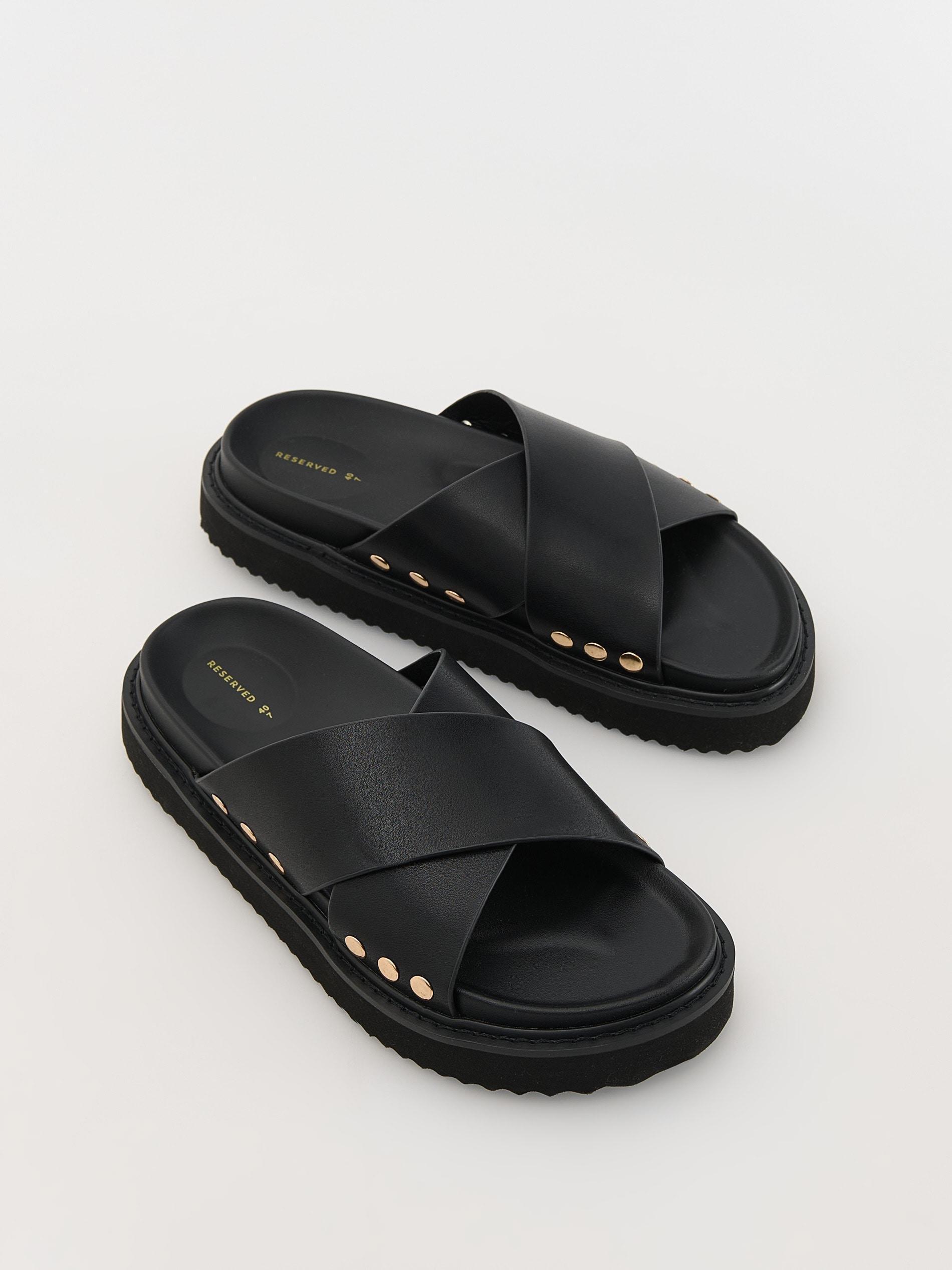 Black Flatform Leather Sliders, , large image number 3