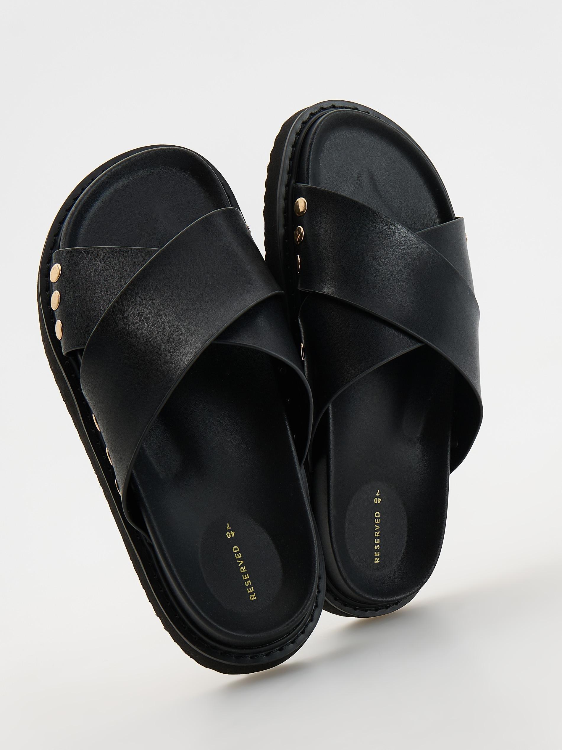 Black Flatform Leather Sliders, , large image number 5