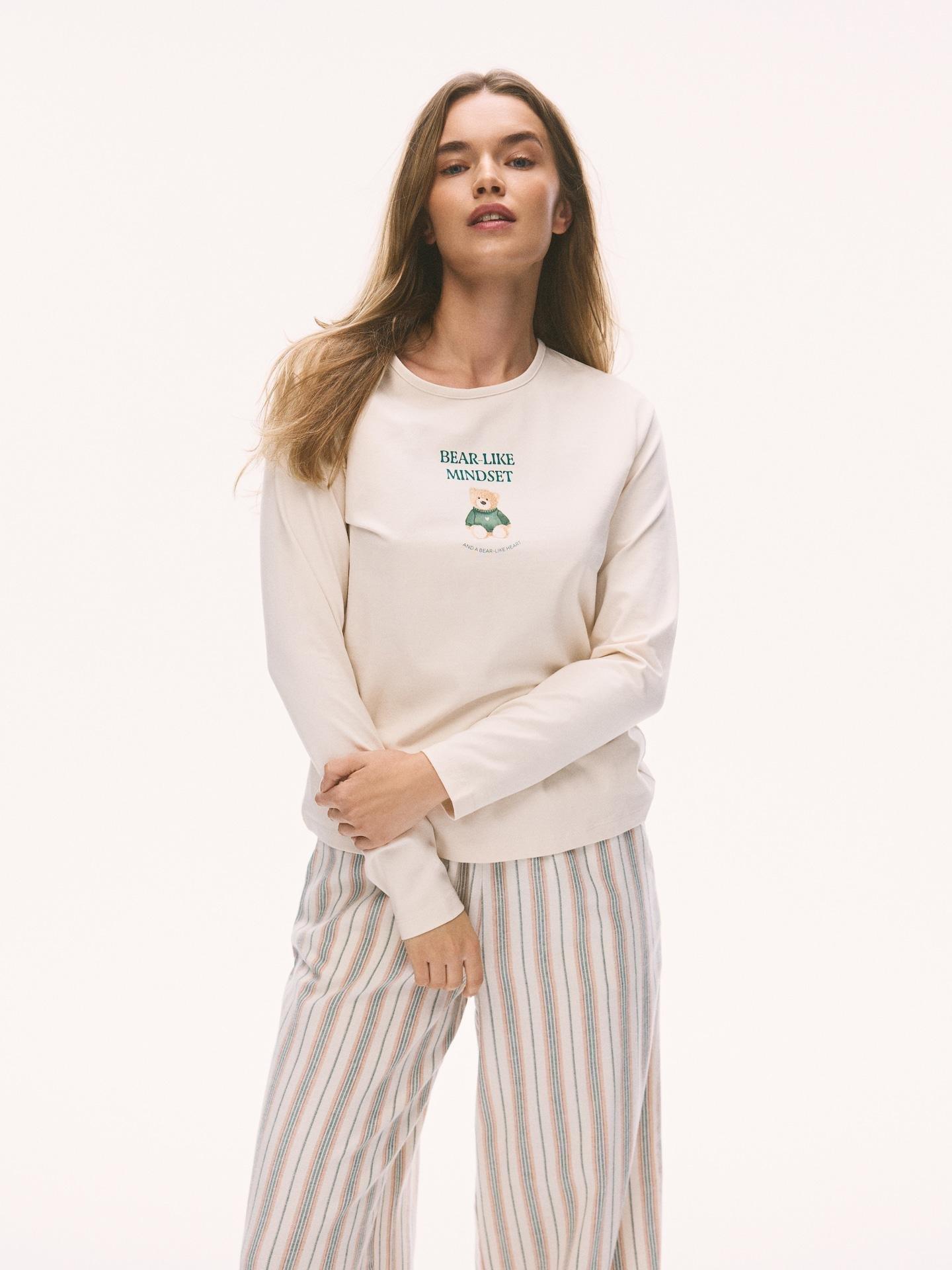 Beige Two Piece Cotton Blend Pyjama Set, Ivory, large image number 2