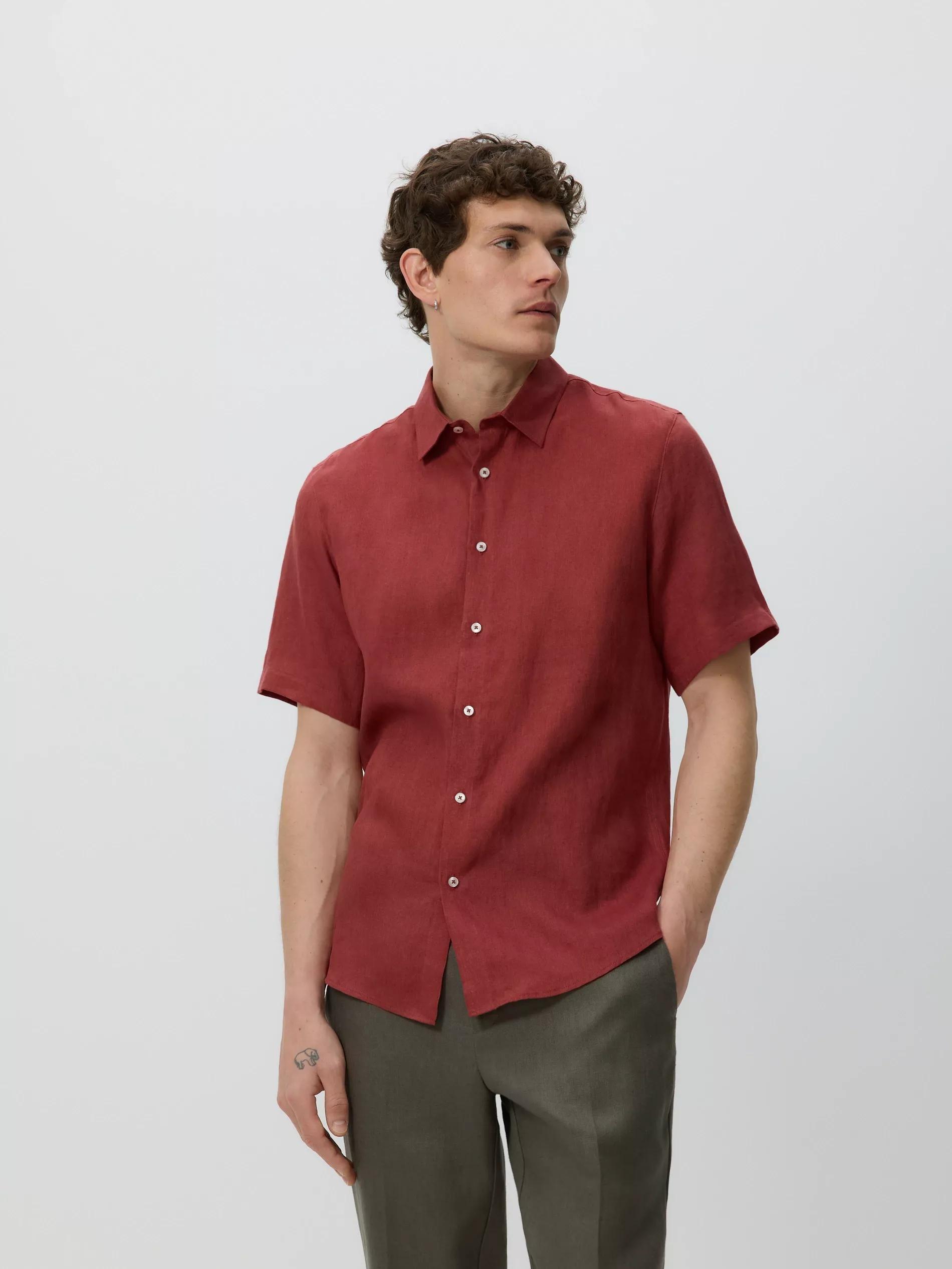 Red Slim Fit Linen Shirt, Burgundy, large image number 0