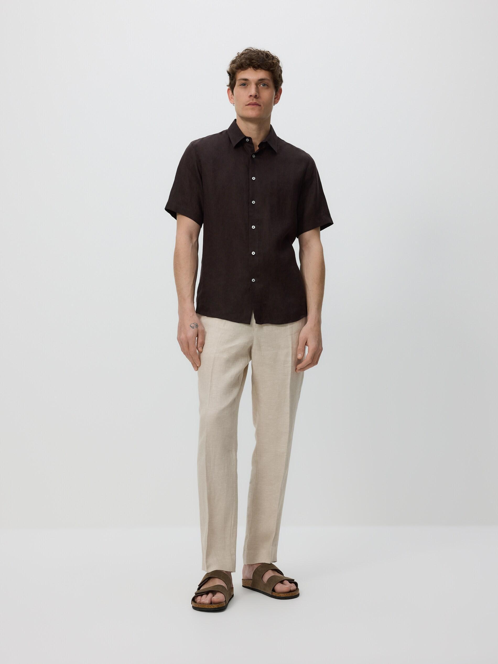 Brown Slim Fit Linen Shirt, Brown, large image number 0