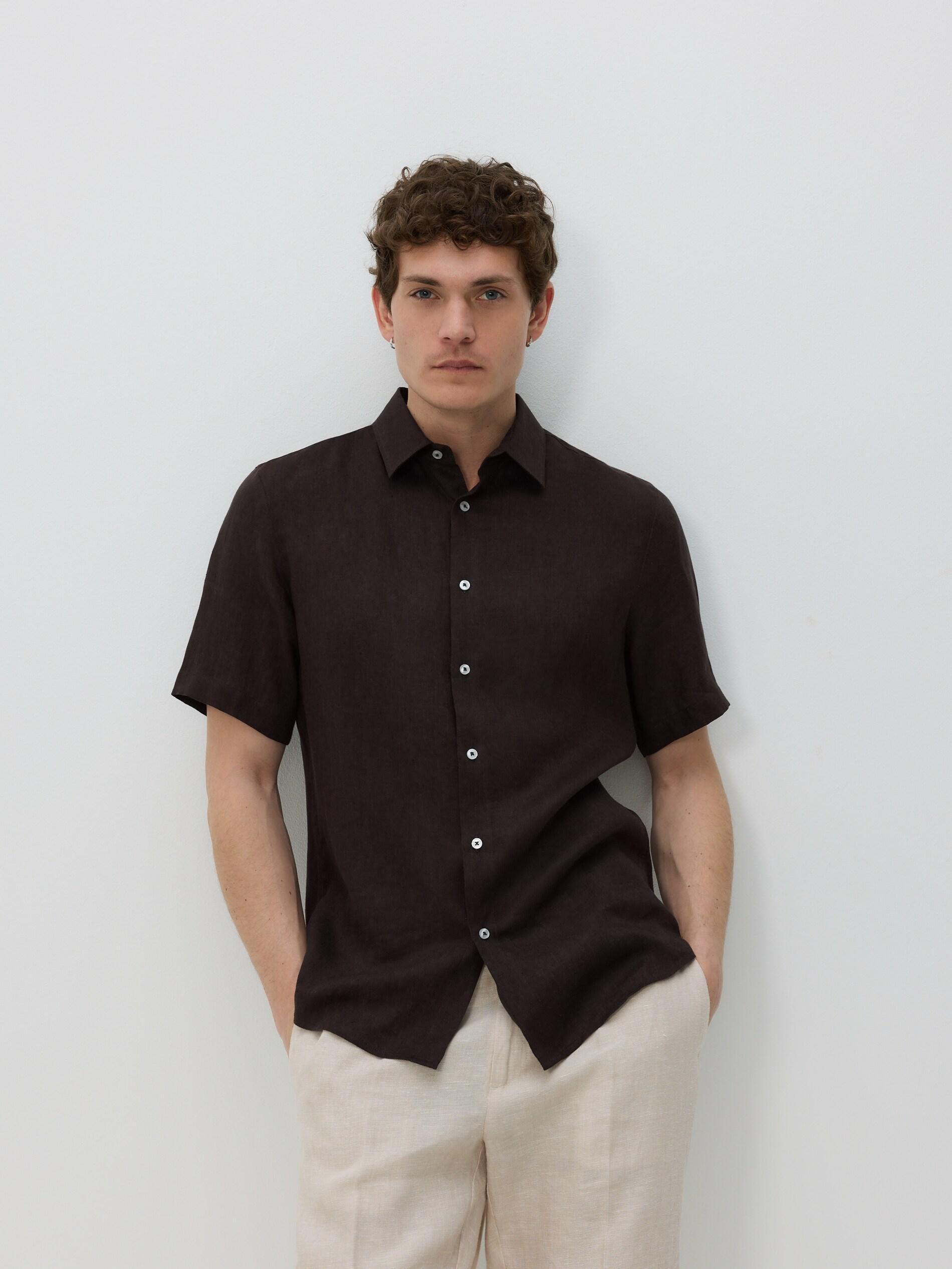 Brown Slim Fit Linen Shirt, Brown, large image number 1