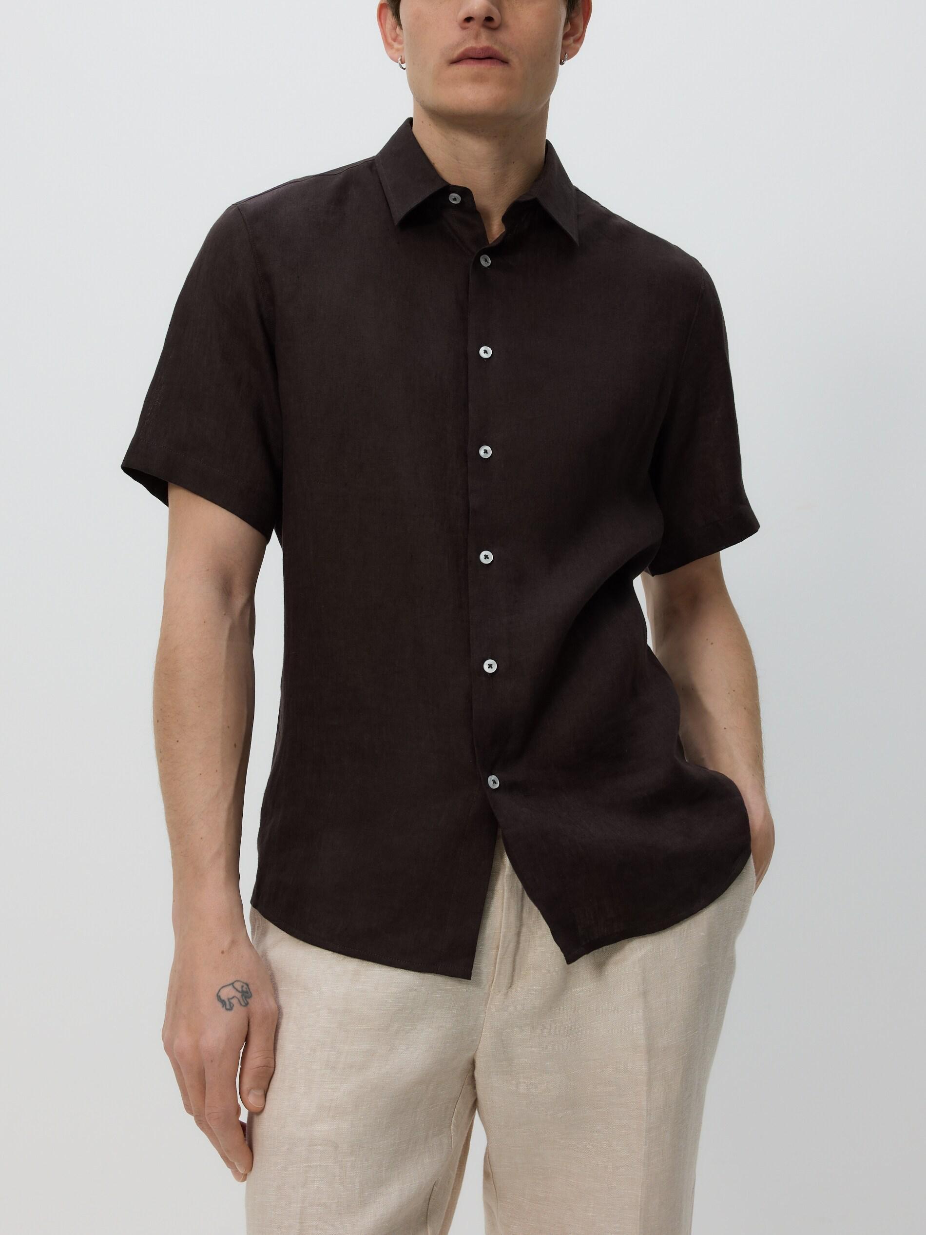 Brown Slim Fit Linen Shirt, Brown, large image number 2