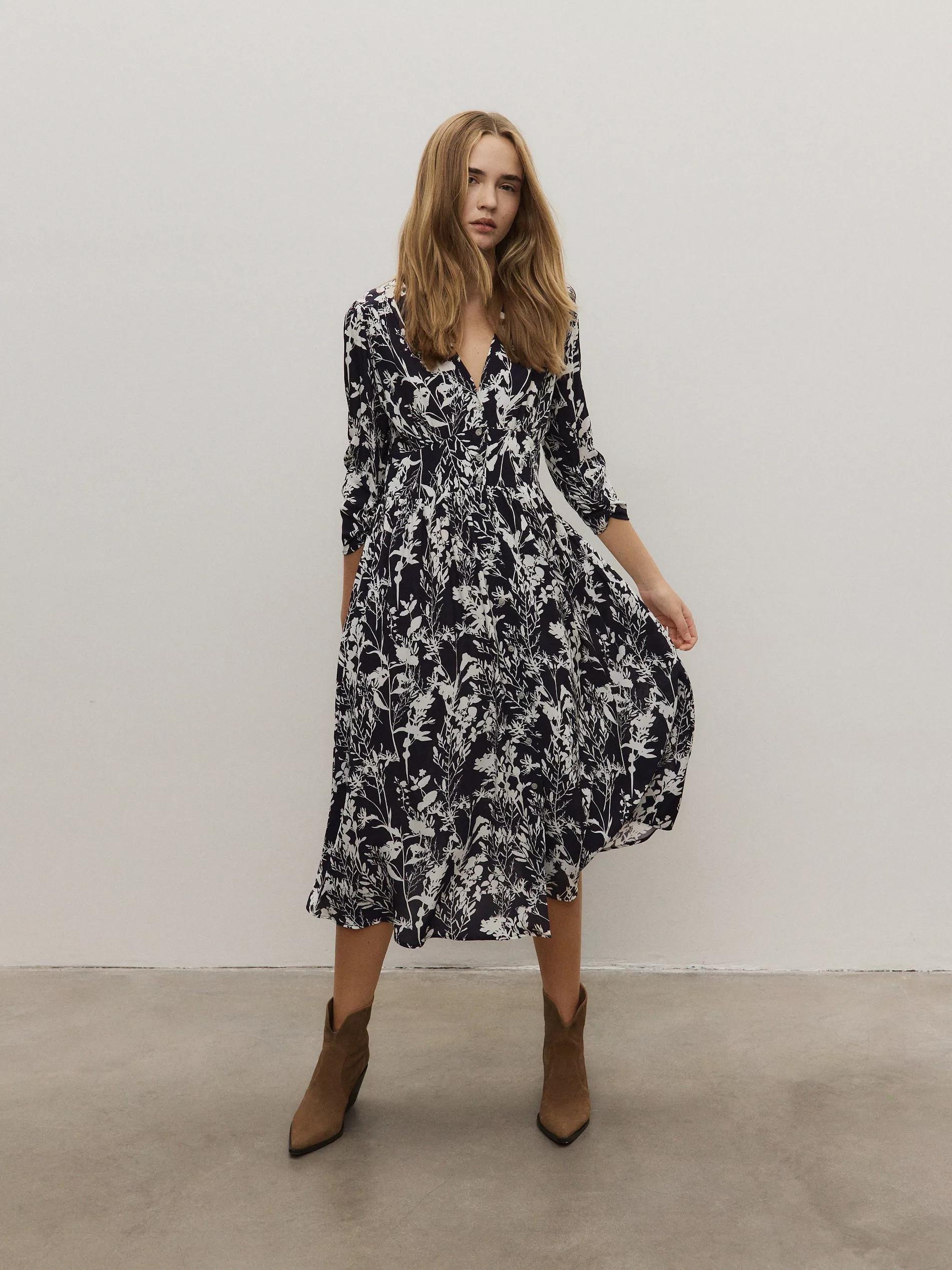 Blue Patterned Viscose Rich Midi Dress, , large image number 0