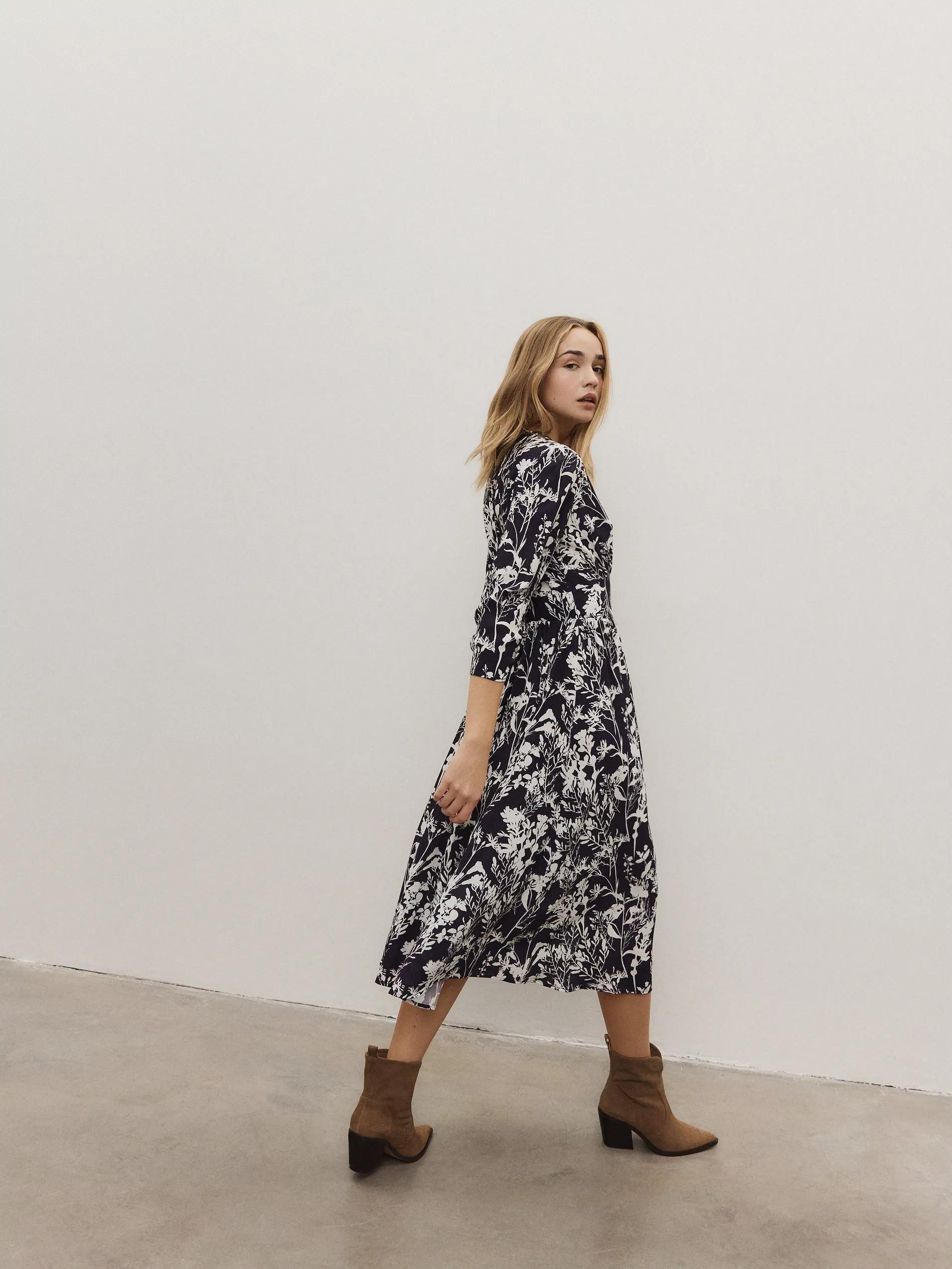 Blue Patterned Viscose Rich Midi Dress, , large image number 3