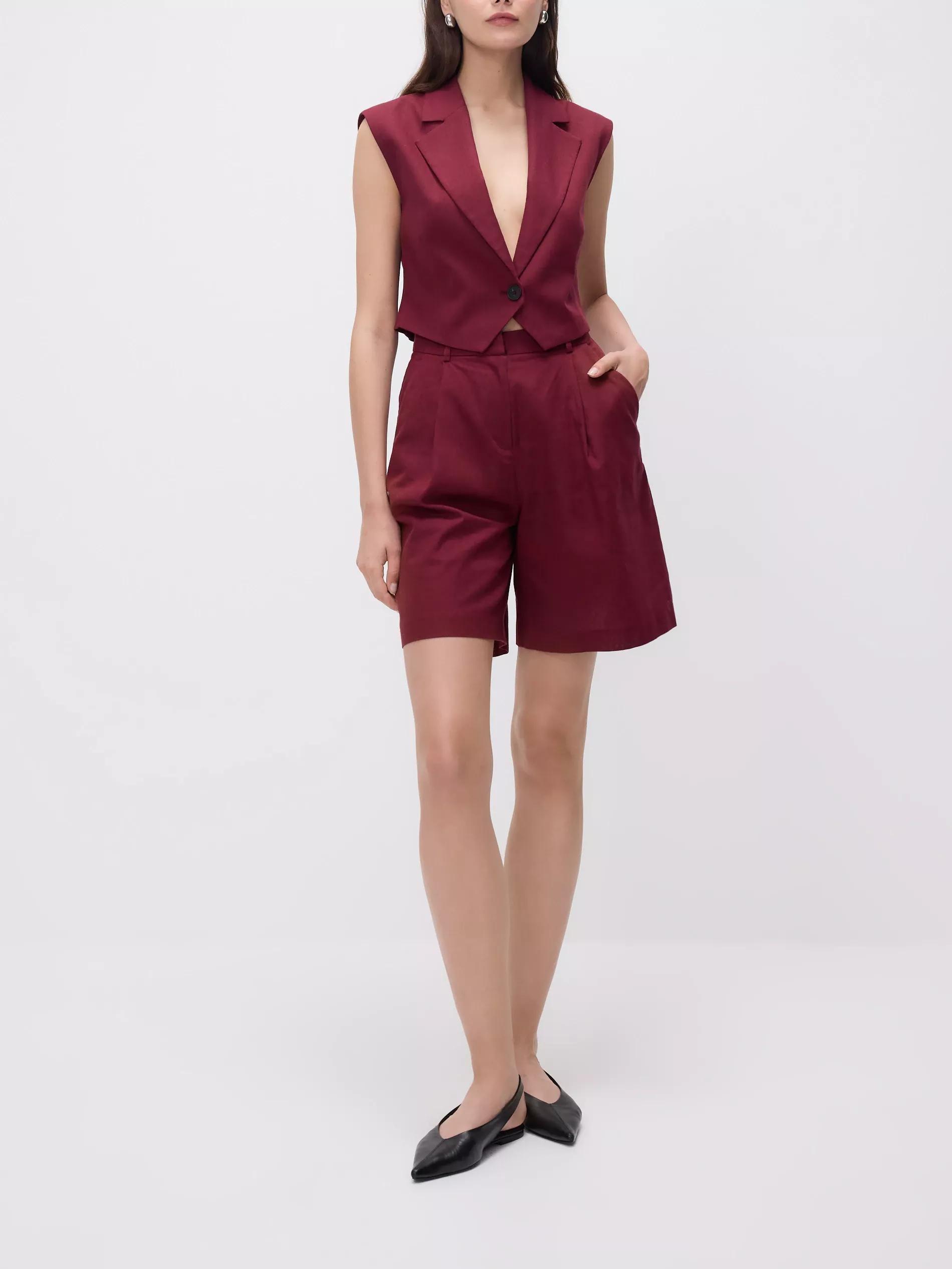 Burgundy Creased Linen-Blend Bermuda Shorts, , large image number 1