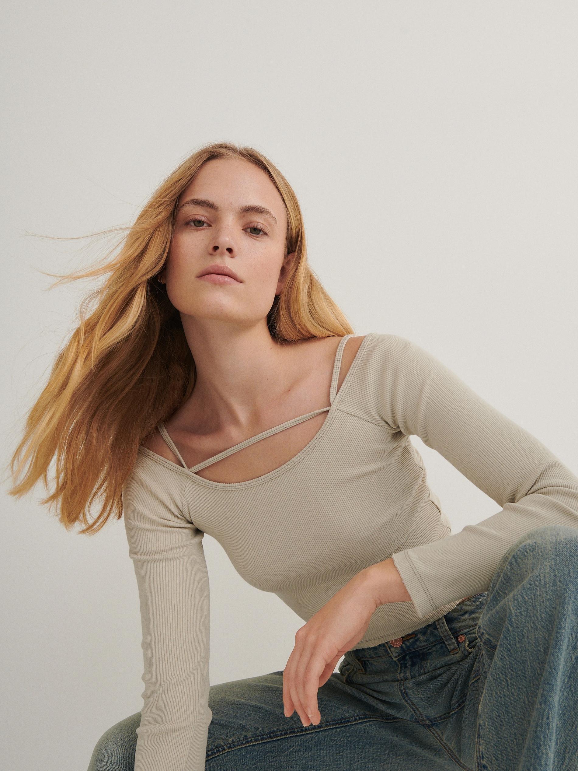 Cream Decorative Straps Long Sleeve Top, , large image number 2
