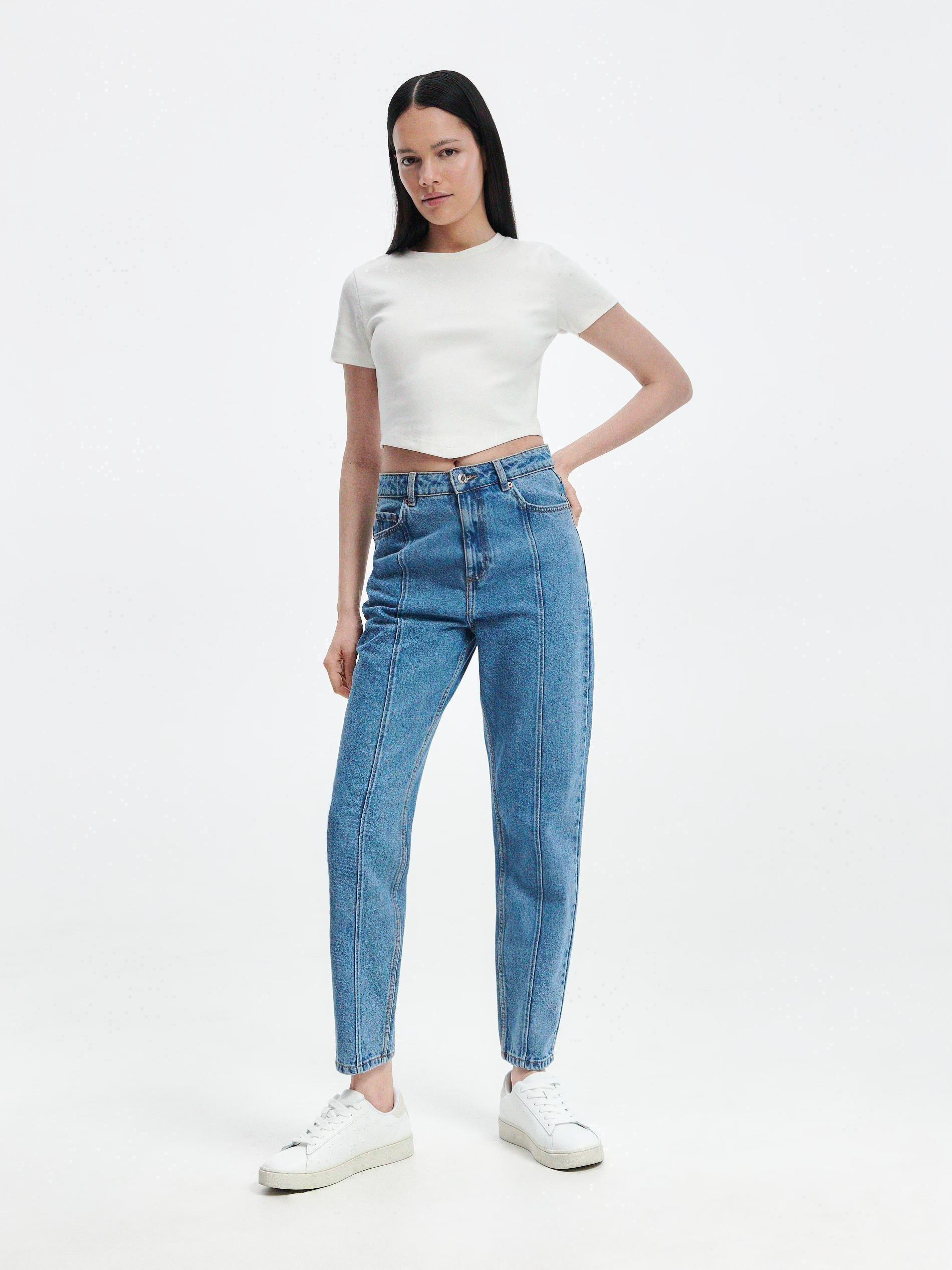 Blue Mom Jeans With Front Stitching, , large image number 0