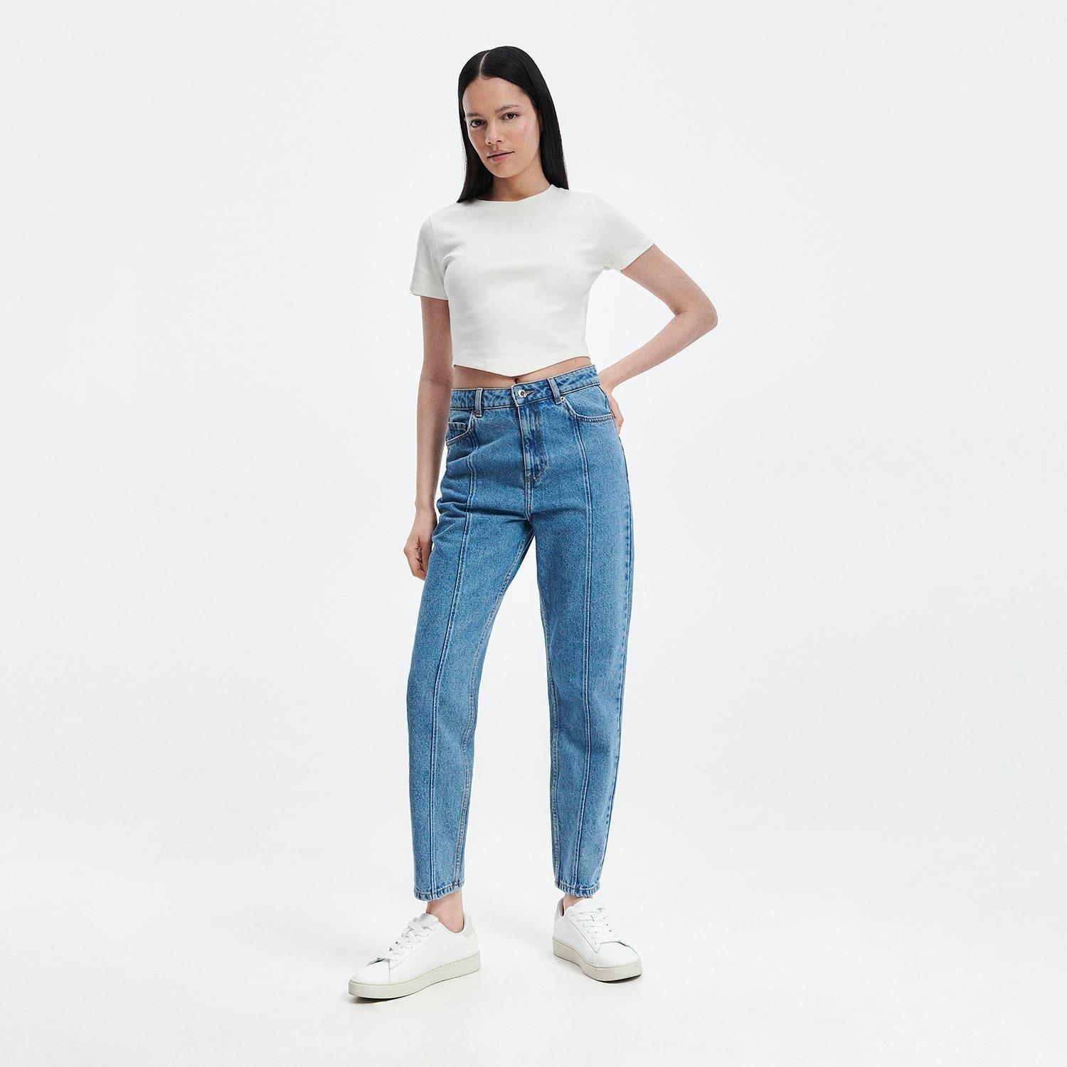 Blue Mom Jeans With Front Stitching, , large image number 1