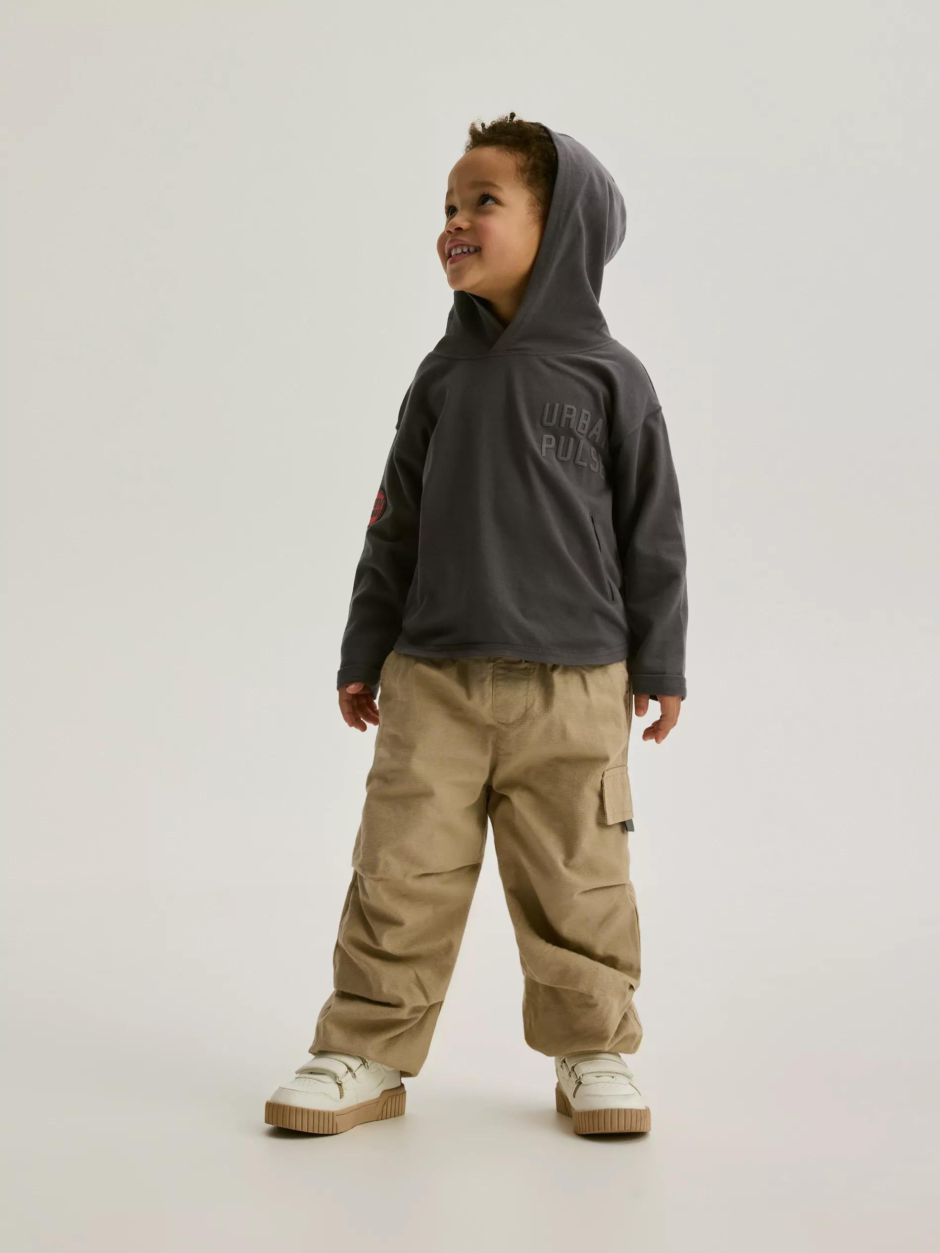 Grey Long-Sleeved Cotton T-Shirt With Hood, , large image number 1