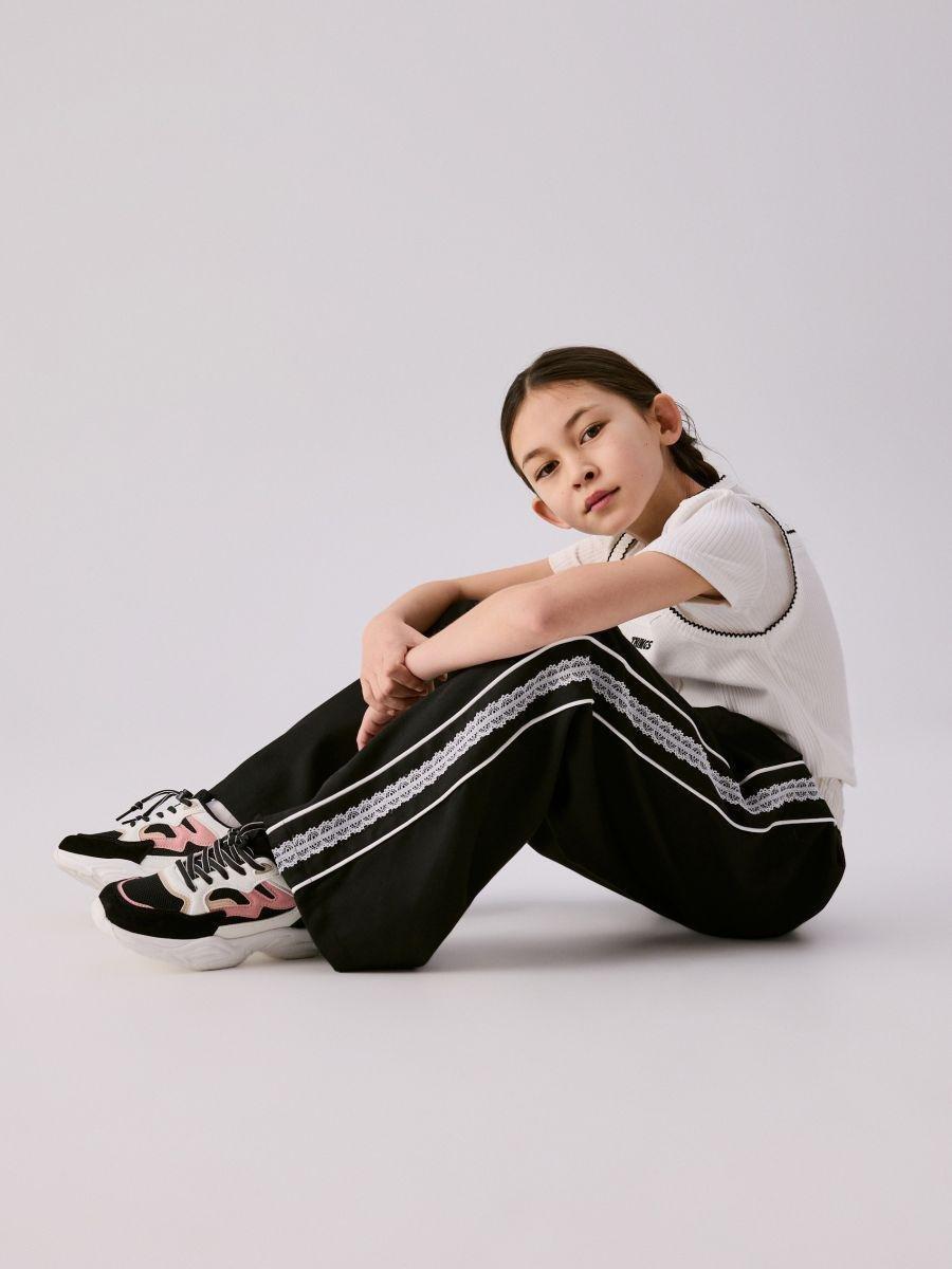 Black Trousers with lace side stripes, Black, medium
