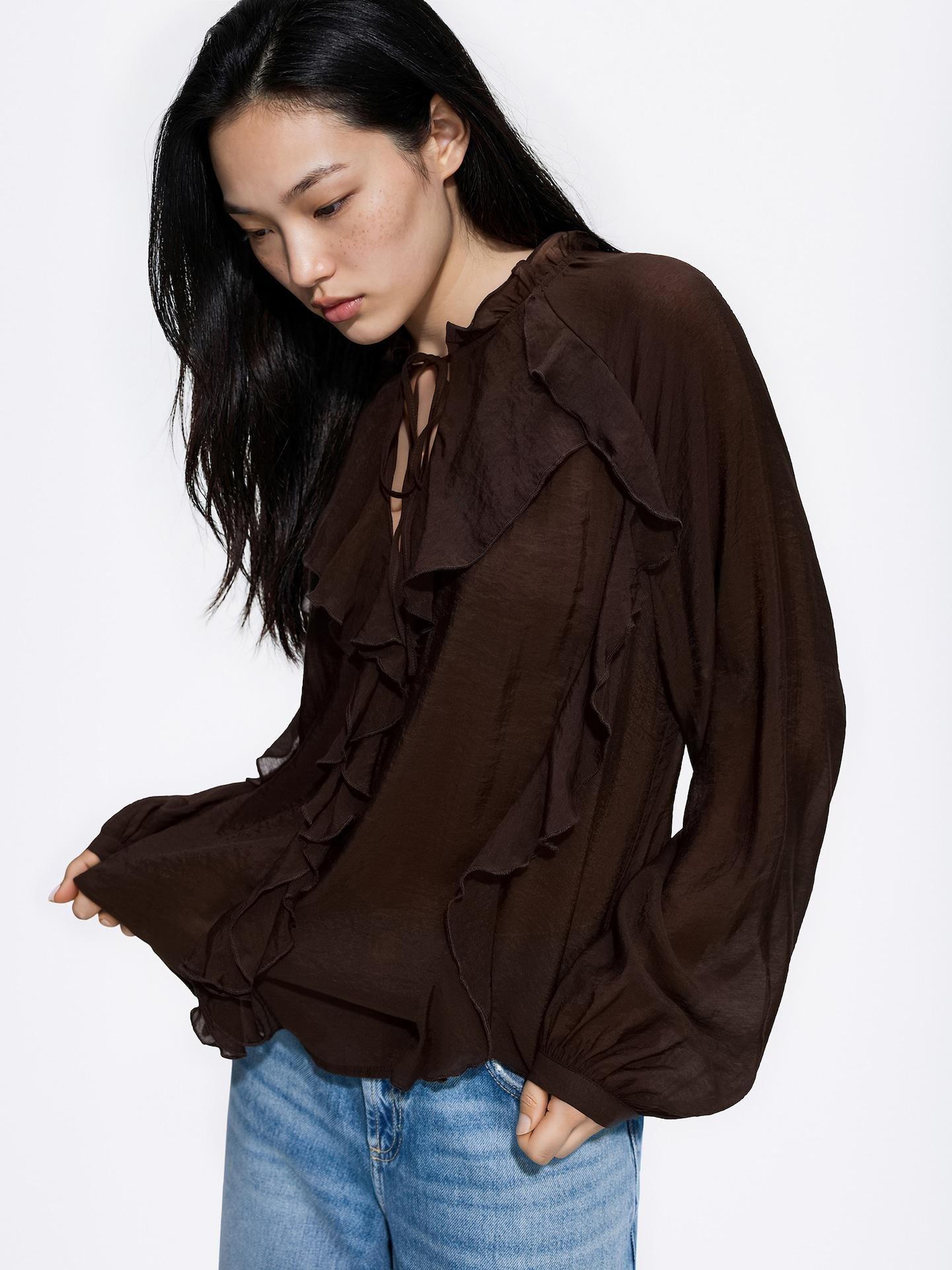 Brown Ruffle Blouse, Brown, large image number 1