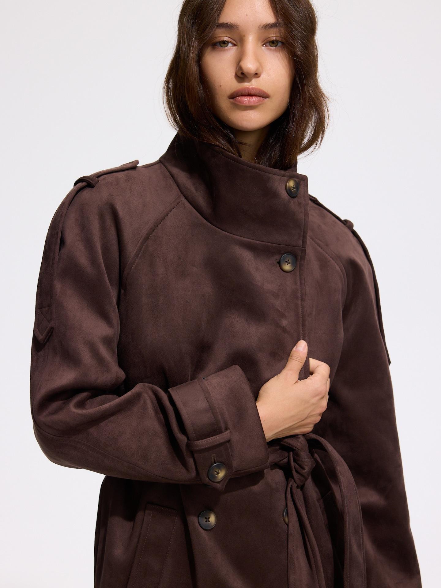 Brown Faux Suede Coat, Brown, medium