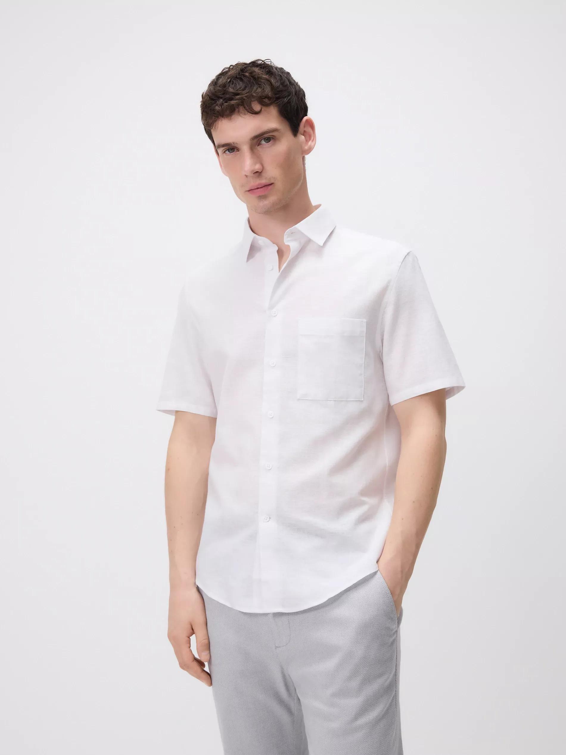 White Regular Fit Linen Blend Shirt, White, large image number 0