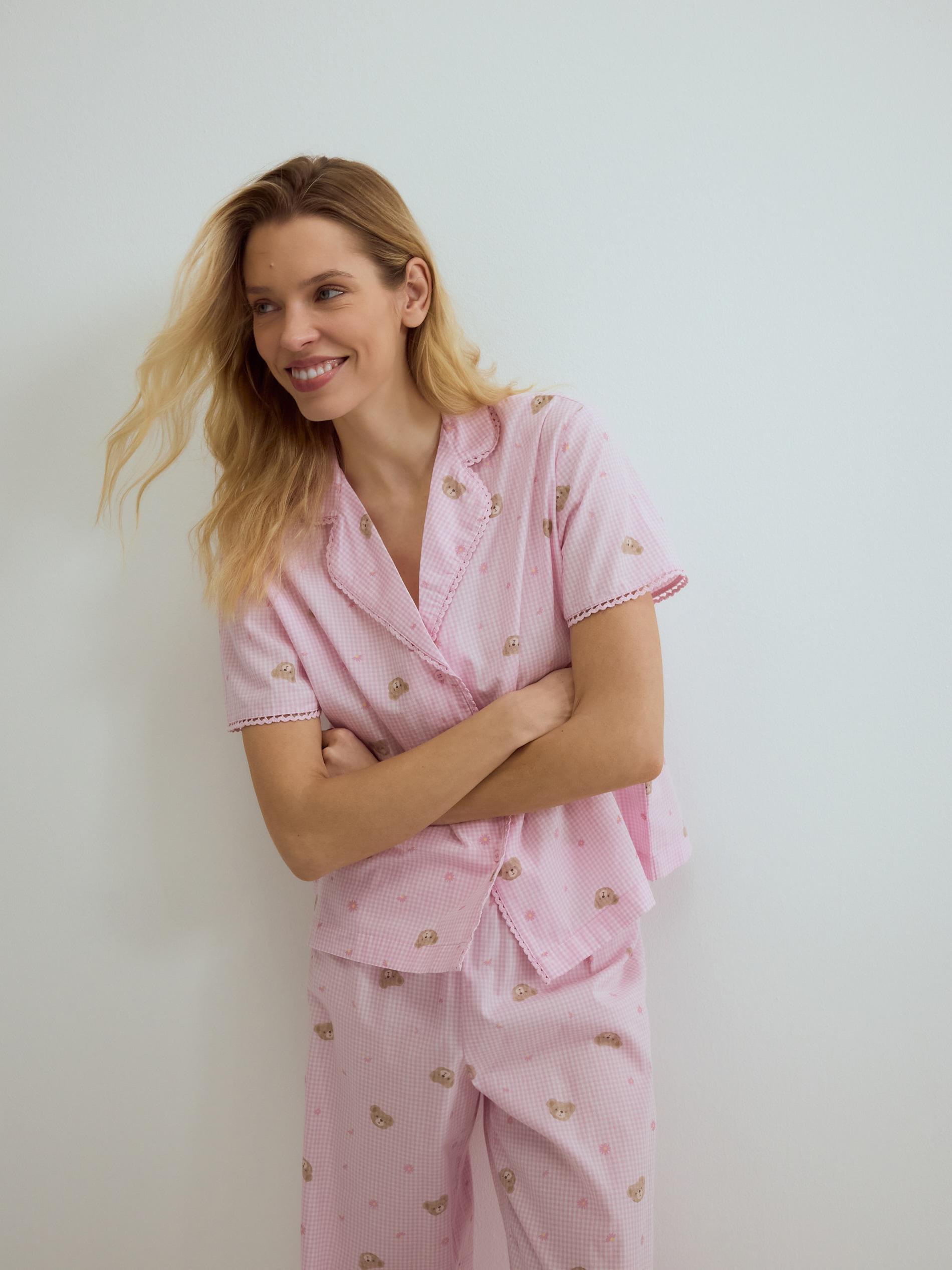 Pink Two Piece Pyjama Set With Bear Print, Pink, medium
