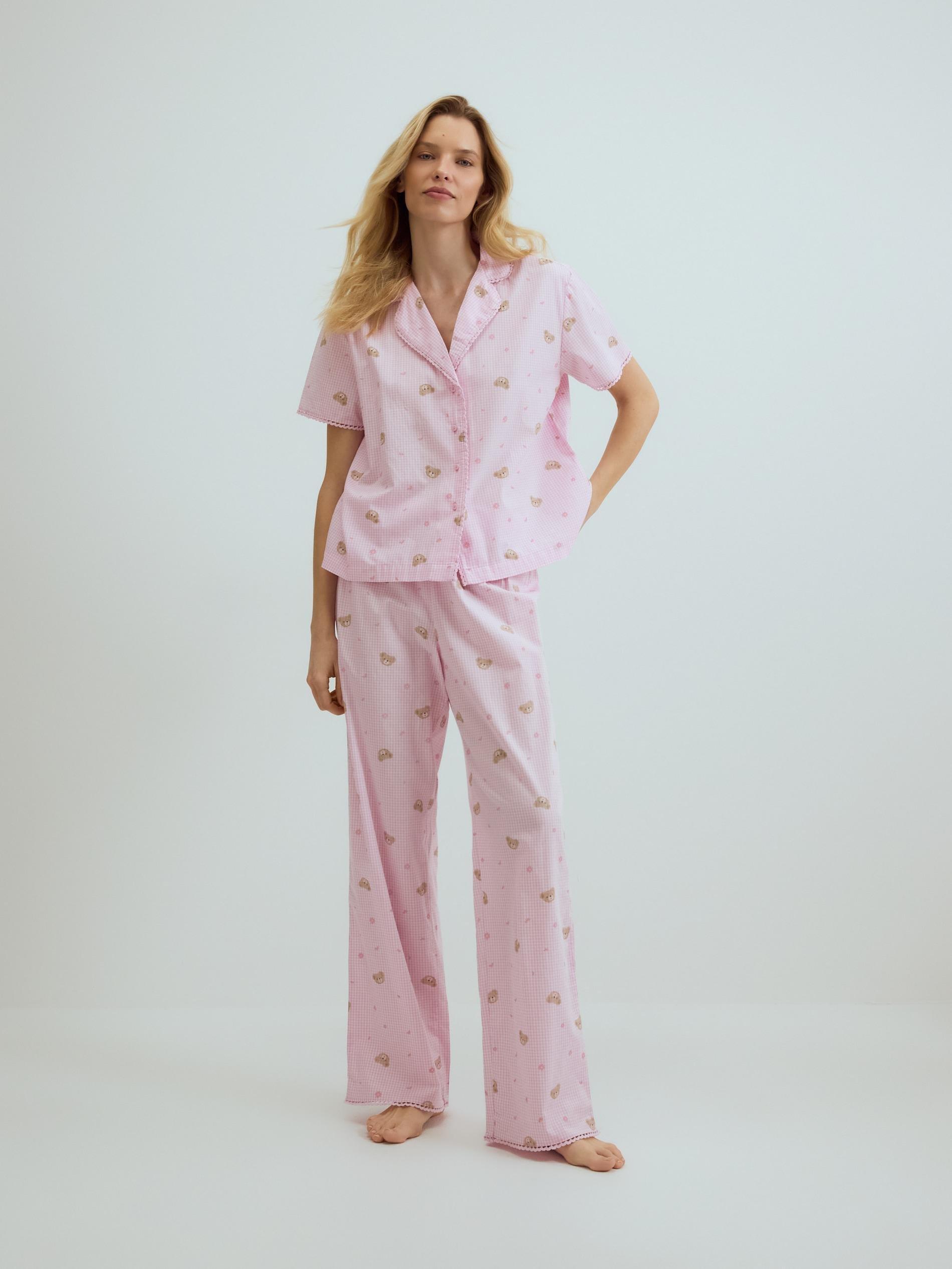 Pink Two Piece Pyjama Set With Bear Print, Pink, medium