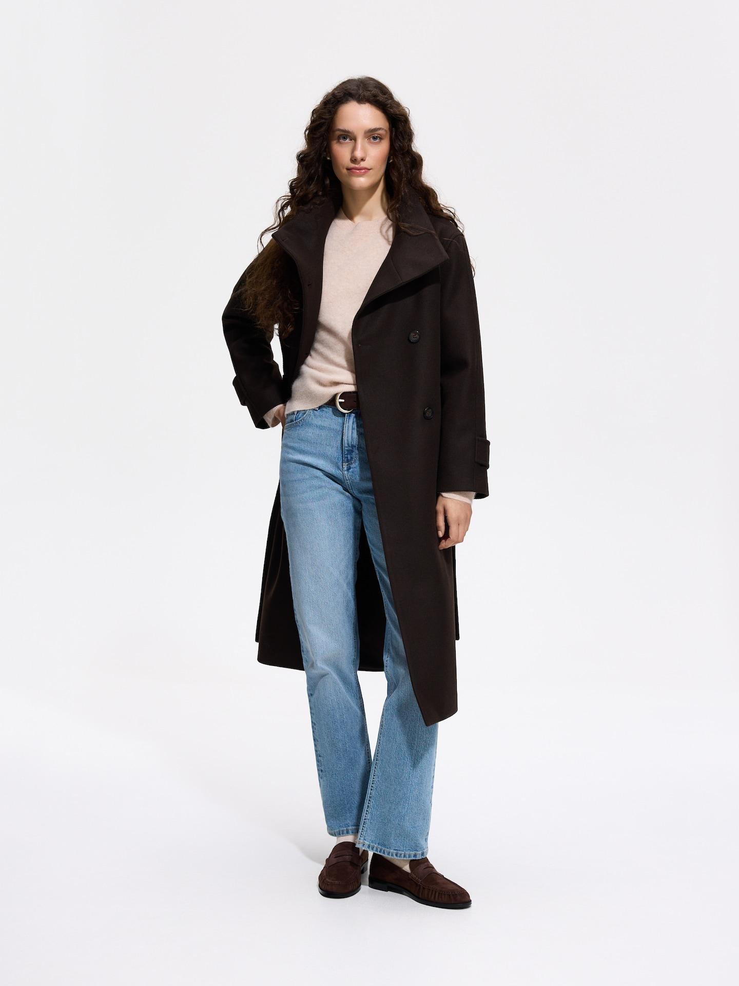 Brown Coat With Tie Waist Belt, Brown, medium