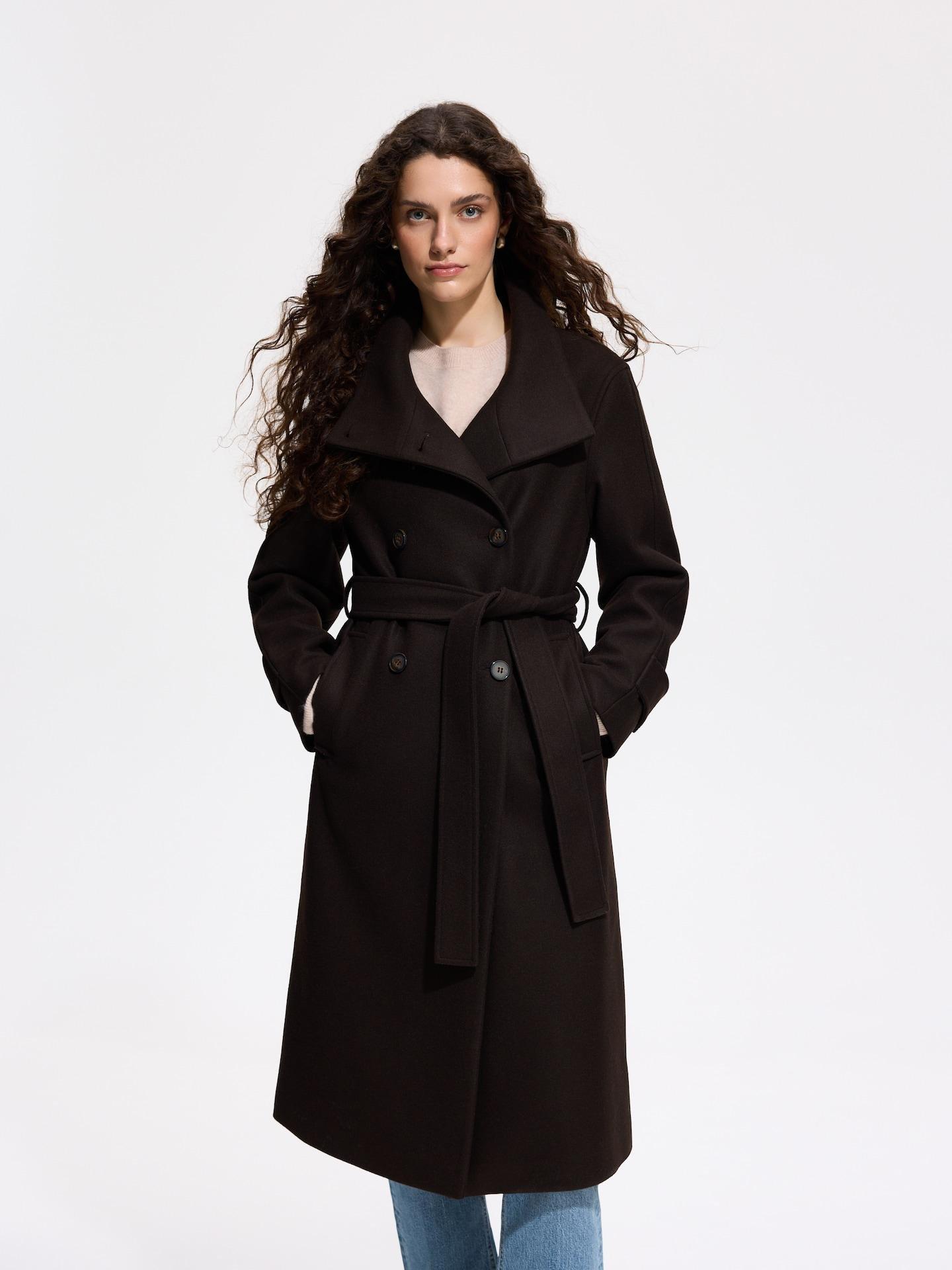 Brown Coat With Tie Waist Belt, Brown, medium