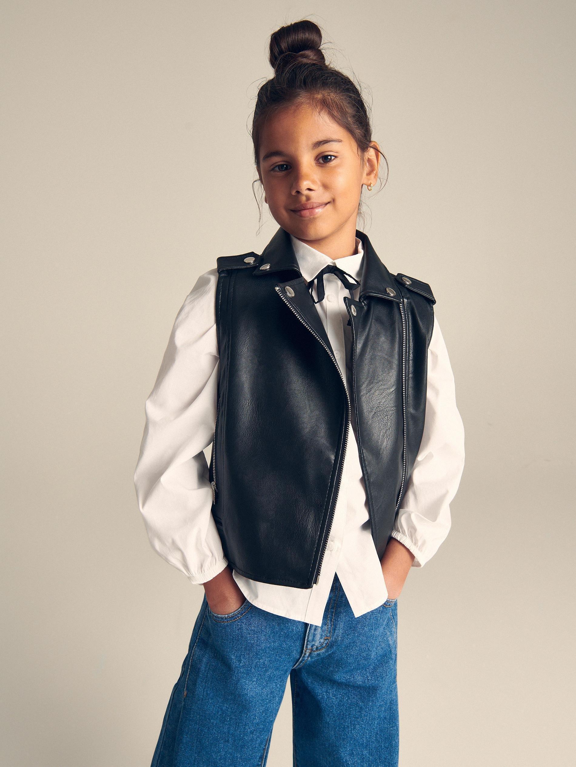 Black Faux Leather Vest, Kids Girls, , large image number 0