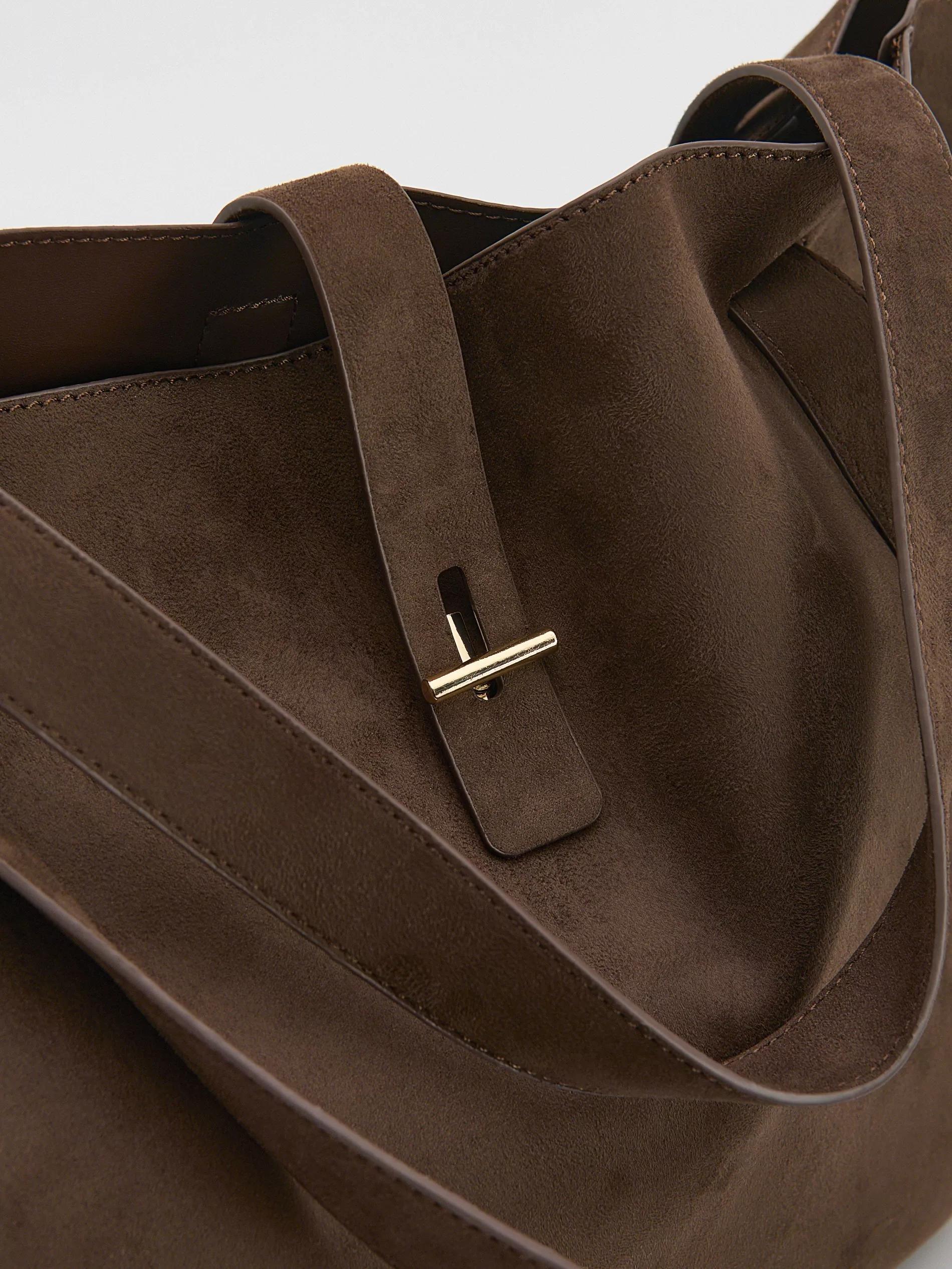 Brown Faux Suede Shopper Bag, Brown, large image number 4