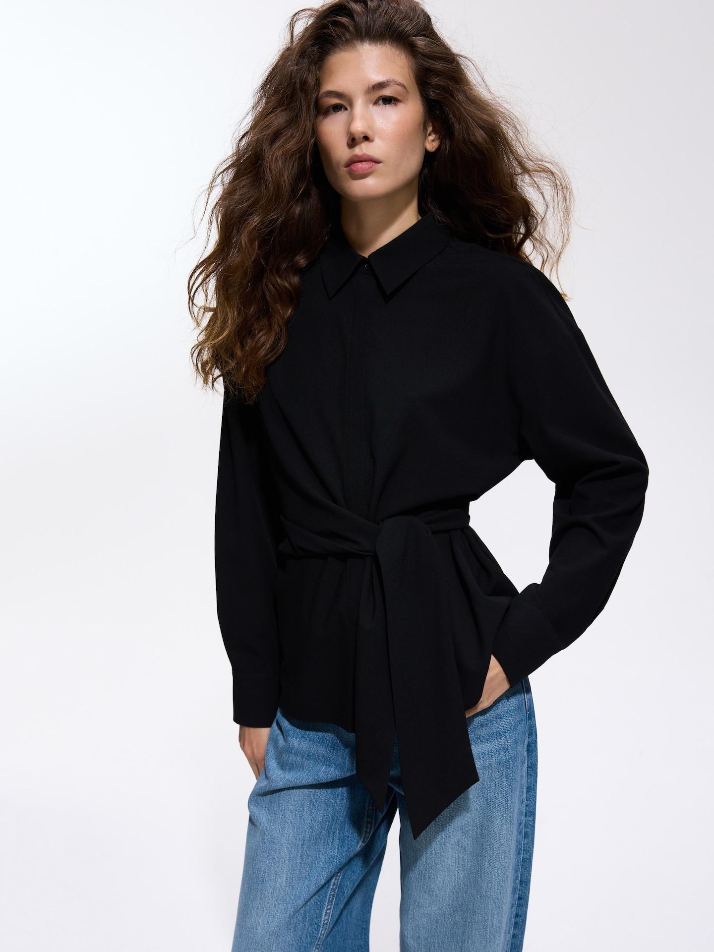 Black Shirt With Tie Detail, Black, medium