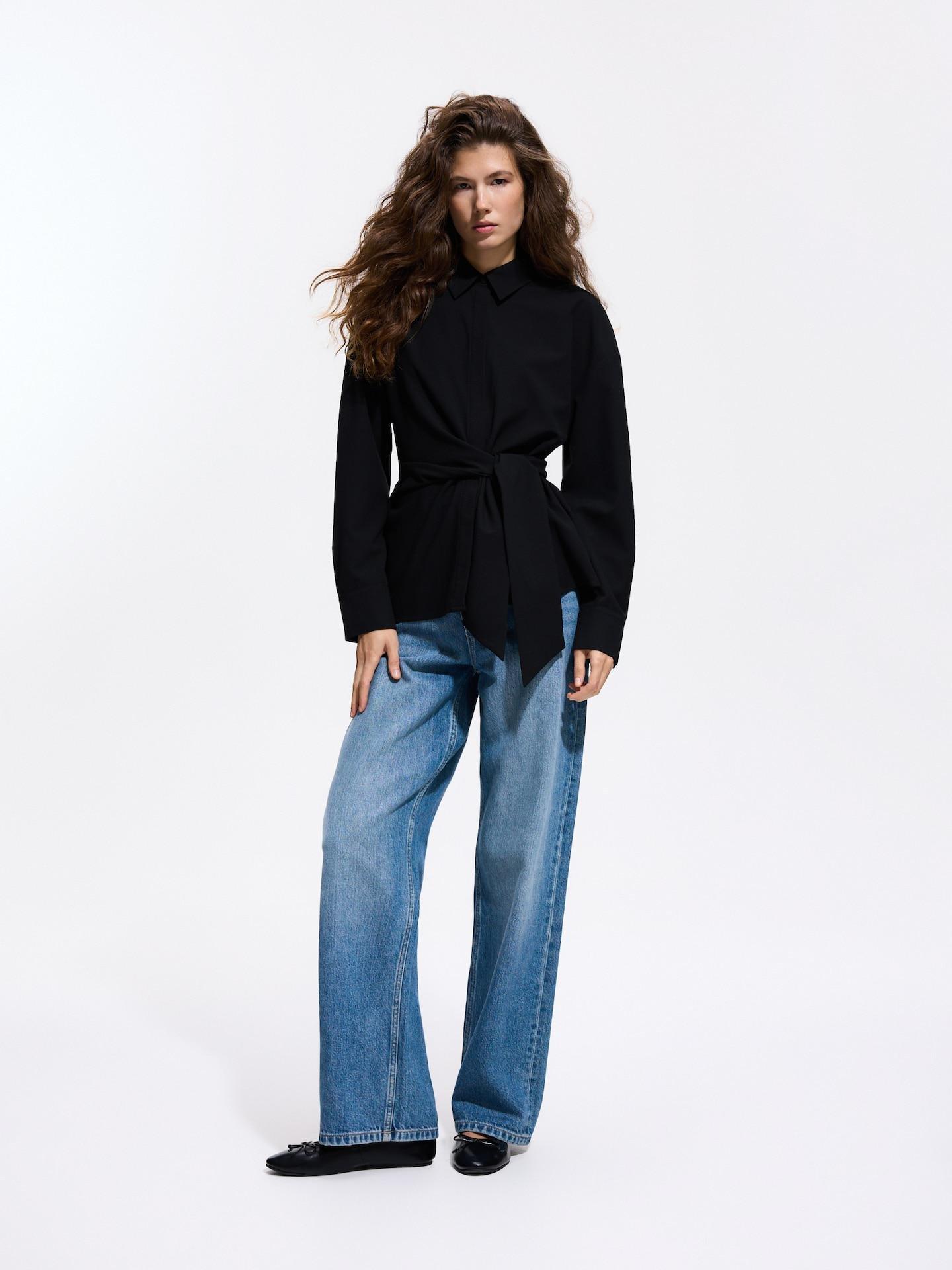 Black Shirt With Tie Detail, Black, medium
