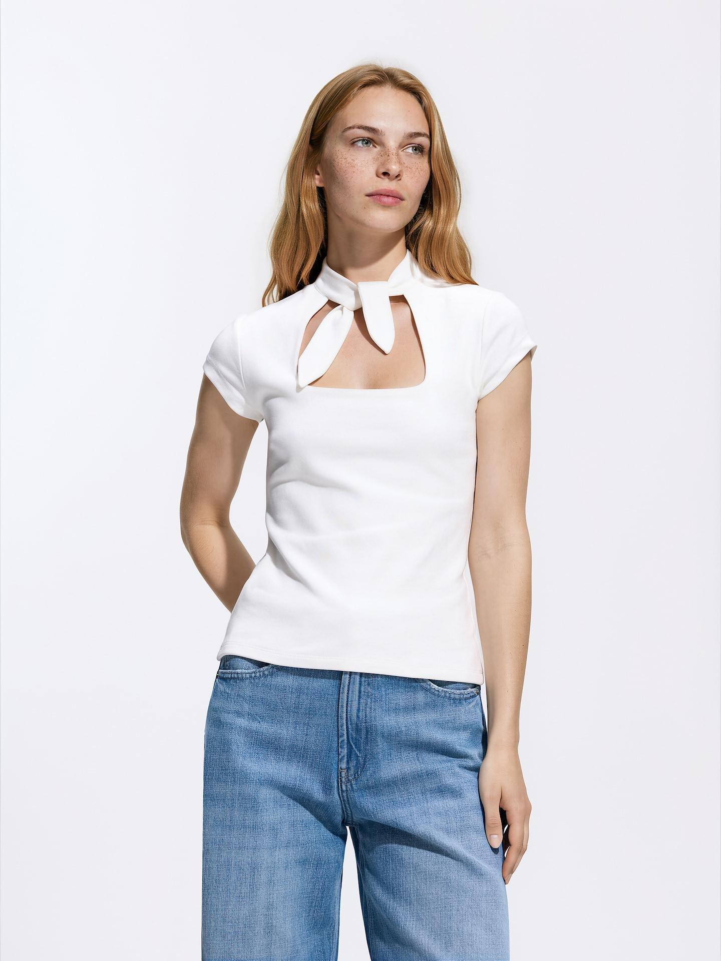 White Blouse With Tie Details, White, large image number 1