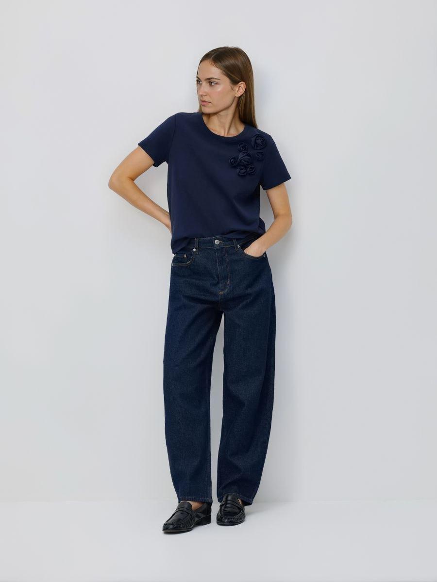 Navy T-shirt with flower Applique, Navy, medium