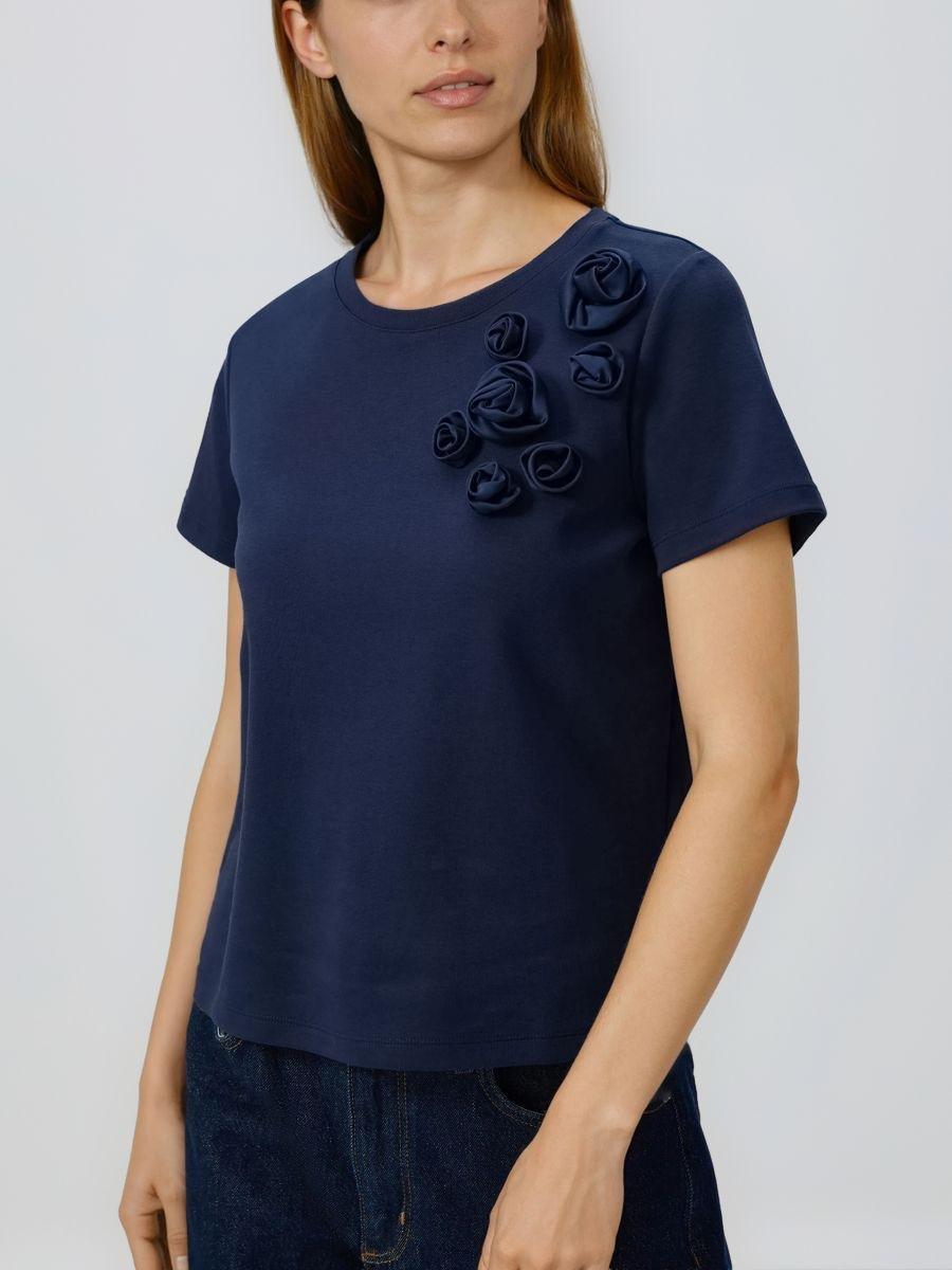 Navy T-shirt with flower Applique, Navy, medium