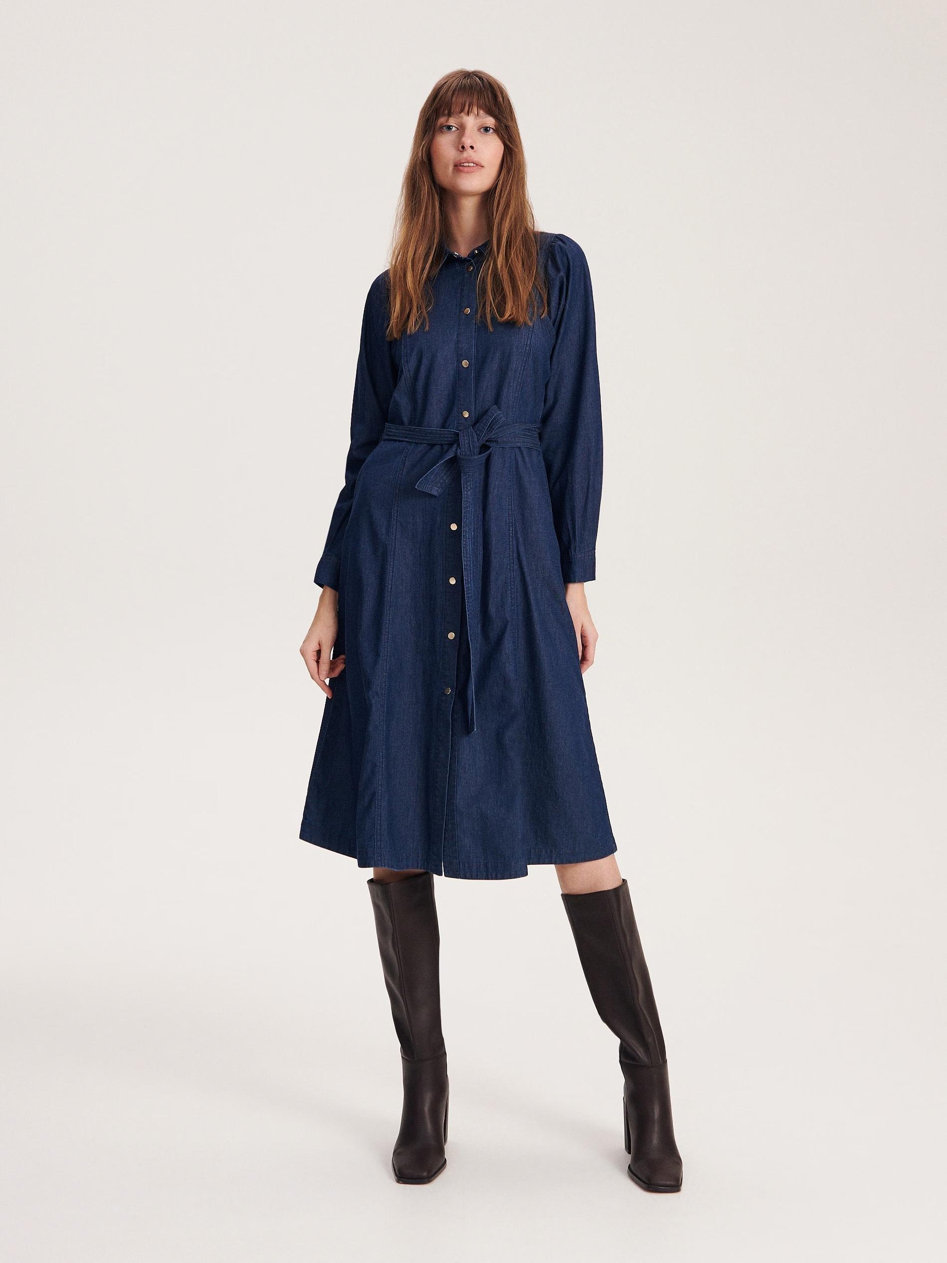 Navy Denim Belted Dress, , large image number 0