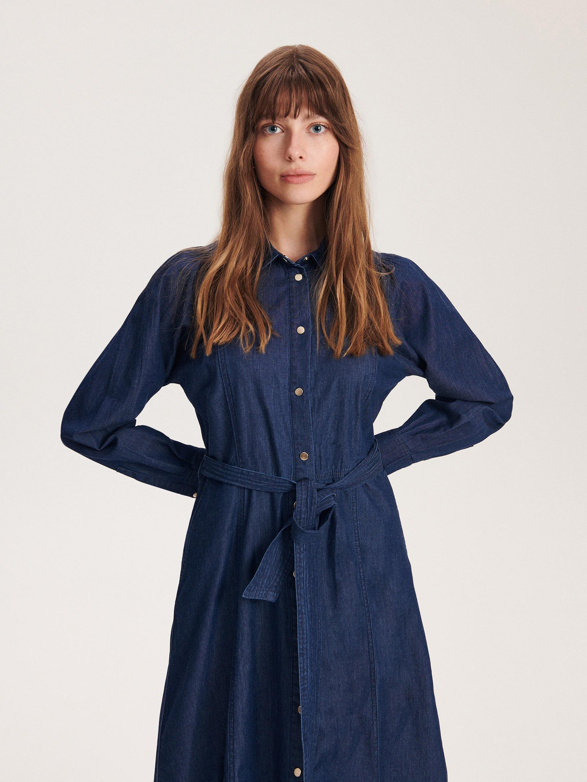 Navy Denim Belted Dress, , large image number 3