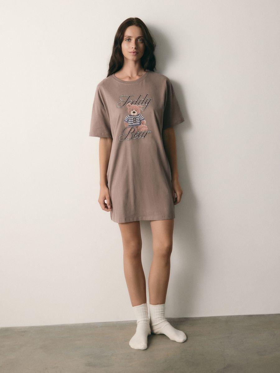 Brown Printed Nightdress, Brown, medium