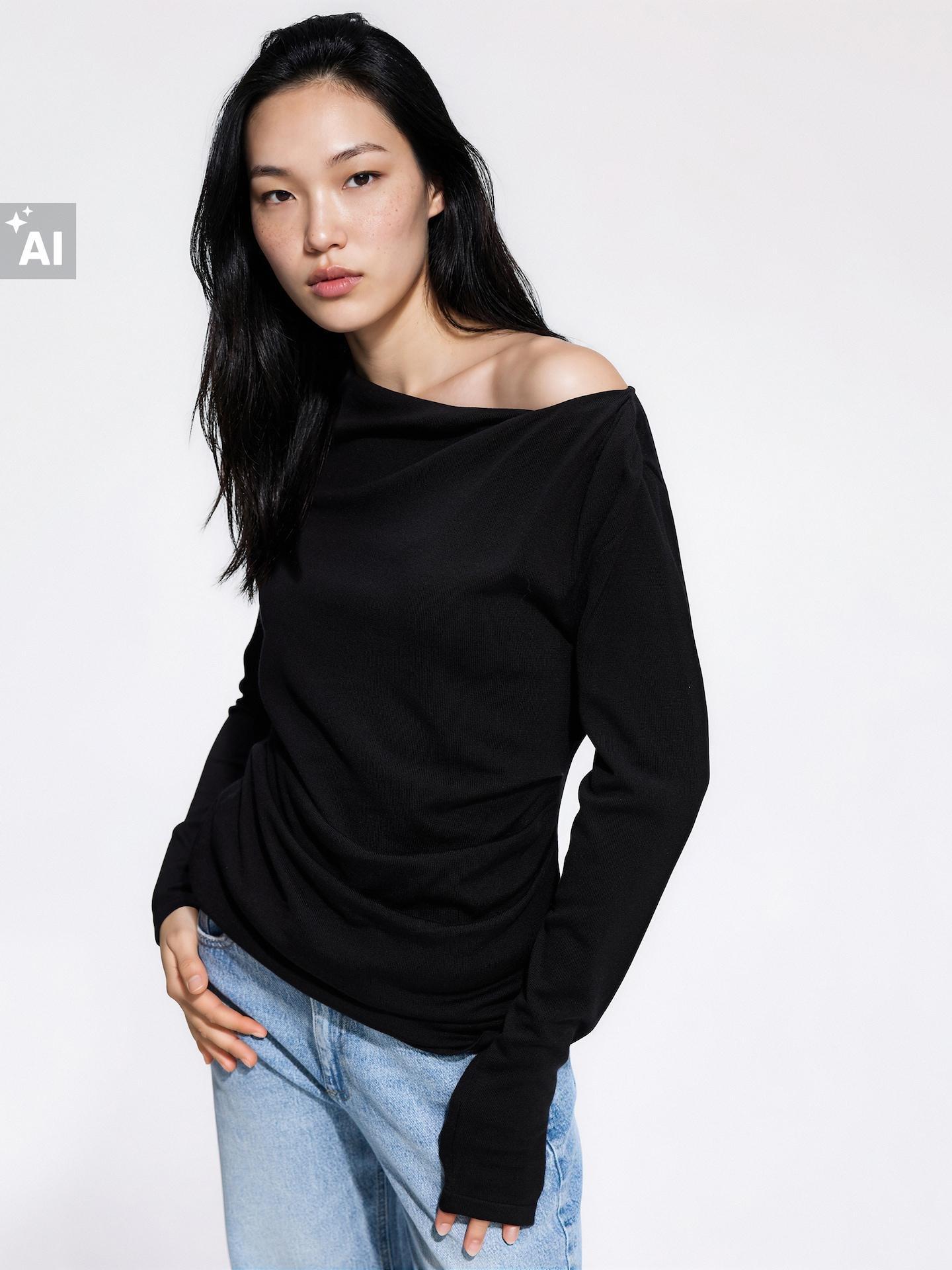 Black Lyocell Blend Blouse, Black, large image number 1
