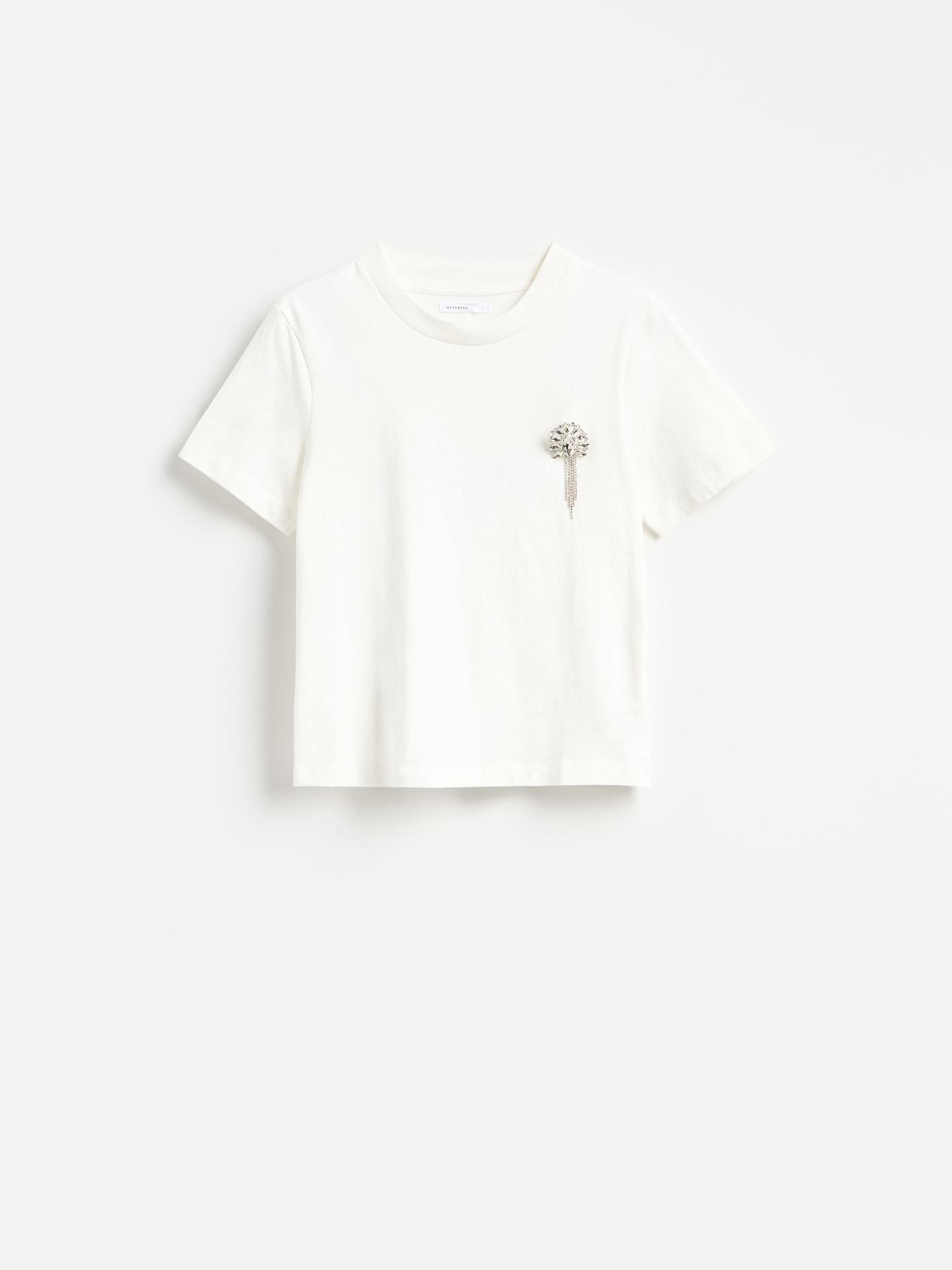 White T-Shirt With Brooch, White, large image number 0