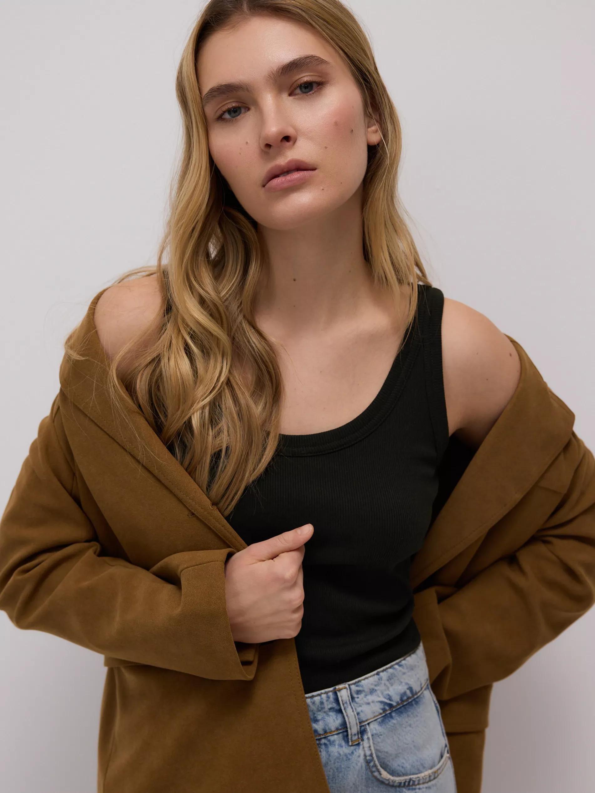 Black Top With Thin Straps, Made Of Material With A High Cotton Content, Khaki, medium