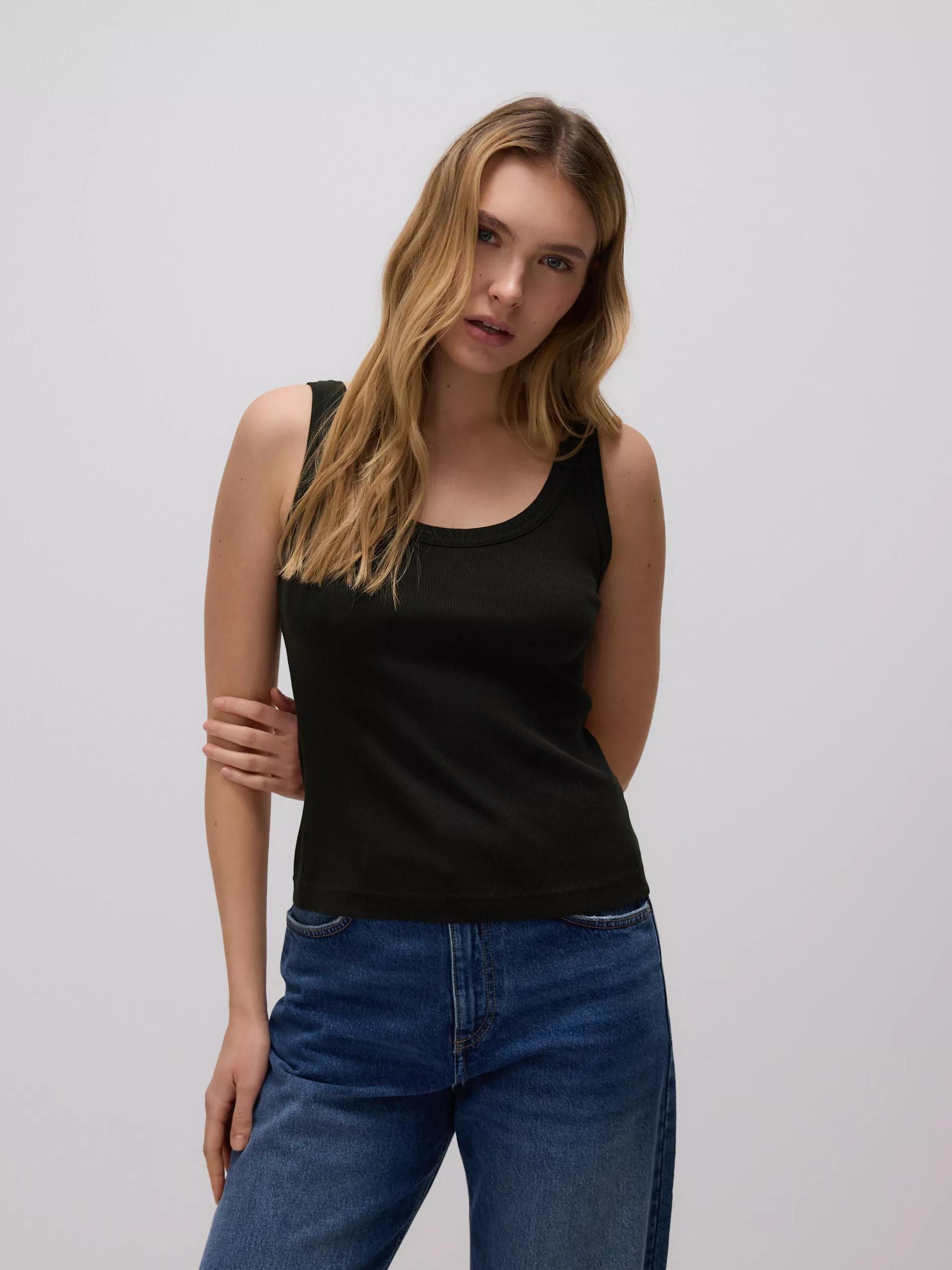 Black Top With Thin Straps, Made Of Material With A High Cotton Content, Khaki, medium