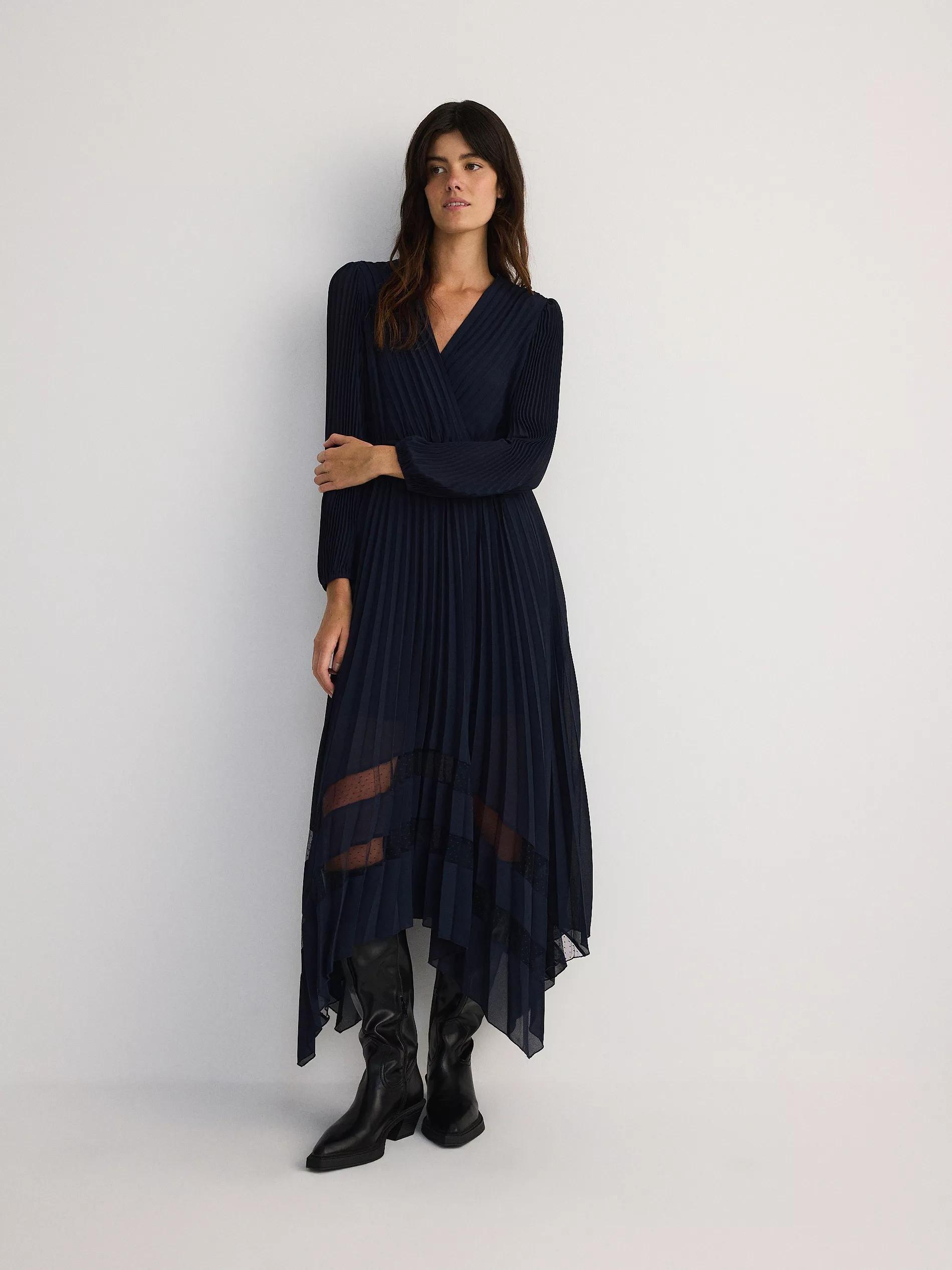 Navy Pleated Midi Dress, , large image number 0