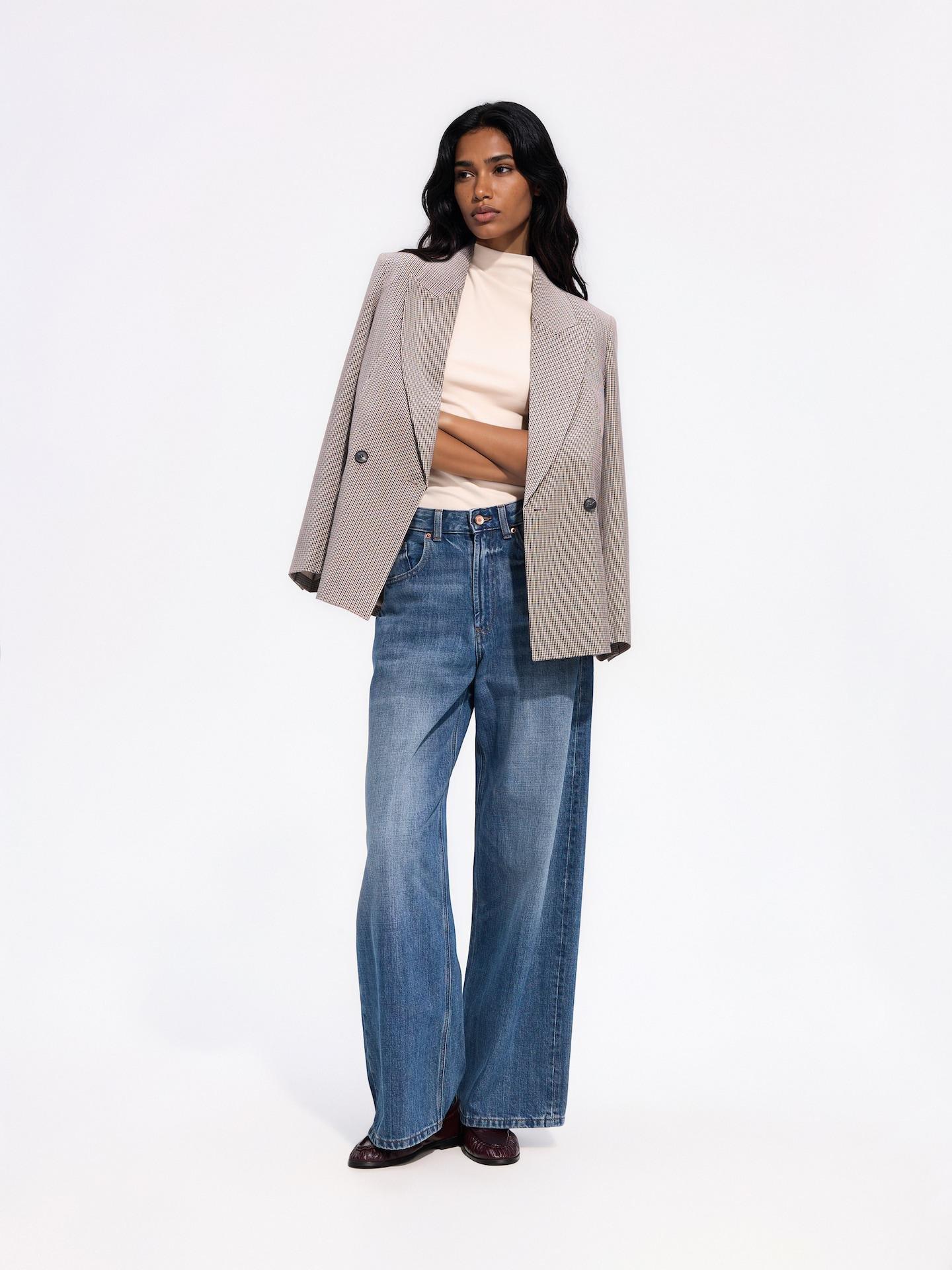 Beige Double-Breasted Blazer With Dogtooth Pattern, Beige, large image number 1